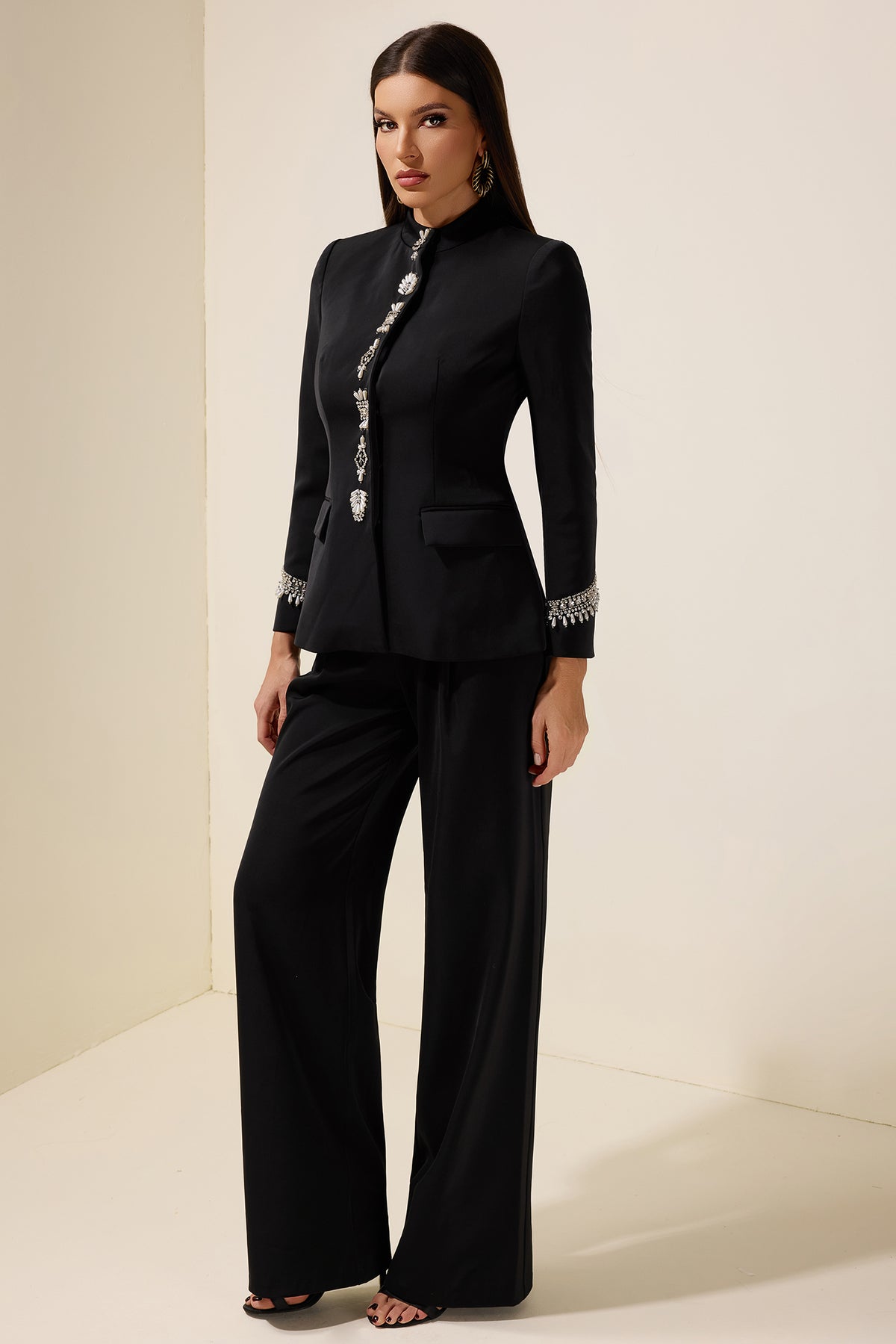 Nail Bead Embroidery Stand Collar Blazer & High Waist Pants Set