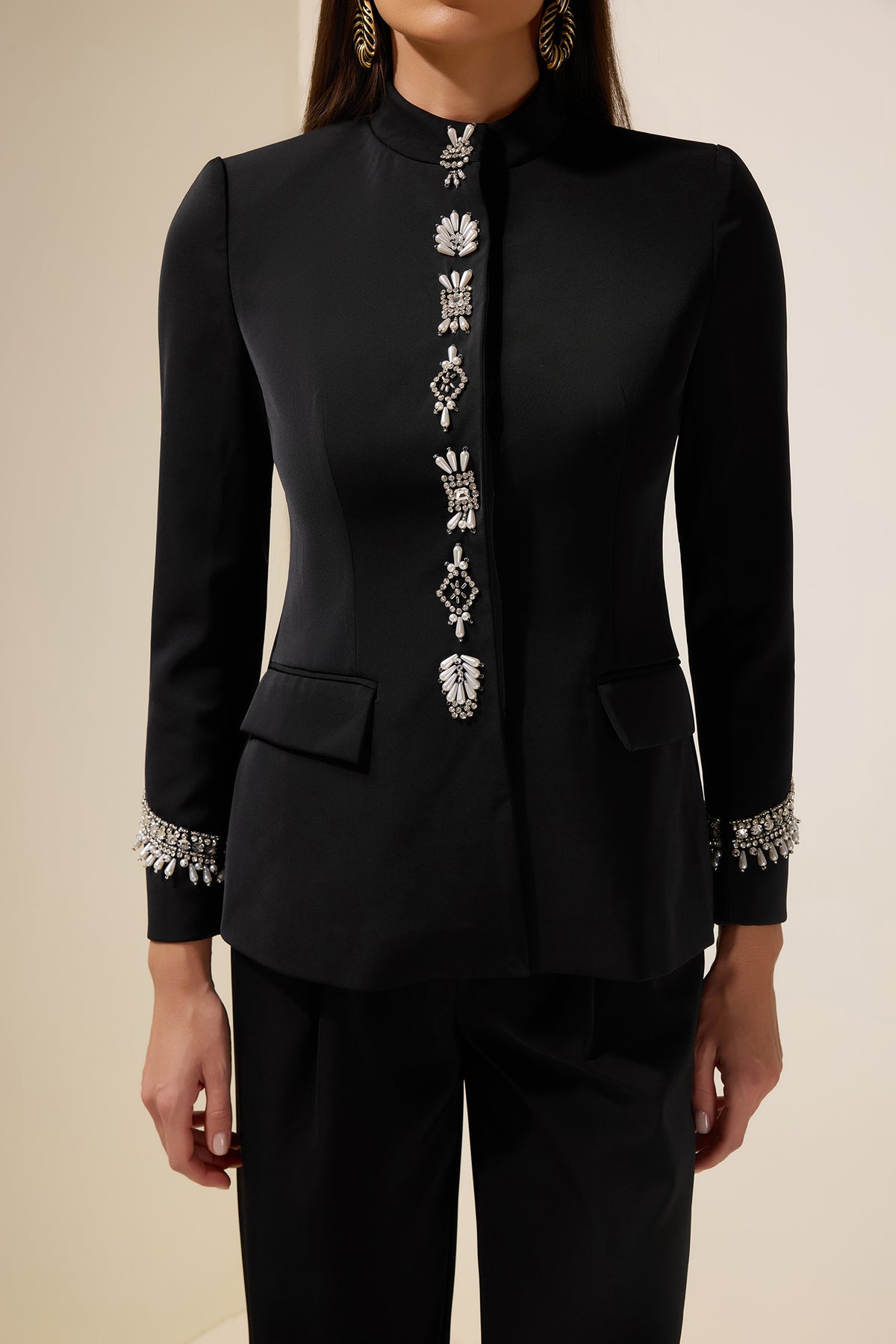 Nail Bead Embroidery Stand Collar Blazer & High Waist Pants Set