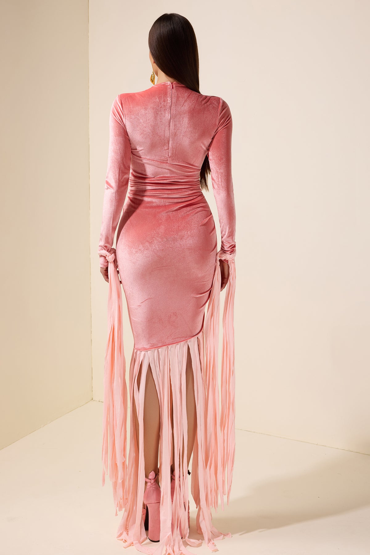 Velvet Tassel V-Neck Maxi Dress