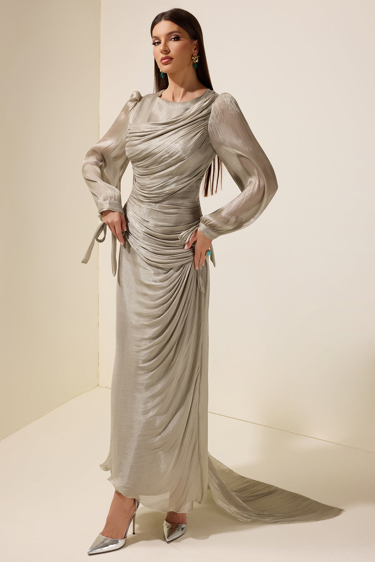 Gathering Lantern Sleeve Lace-Up Maxi Dress
