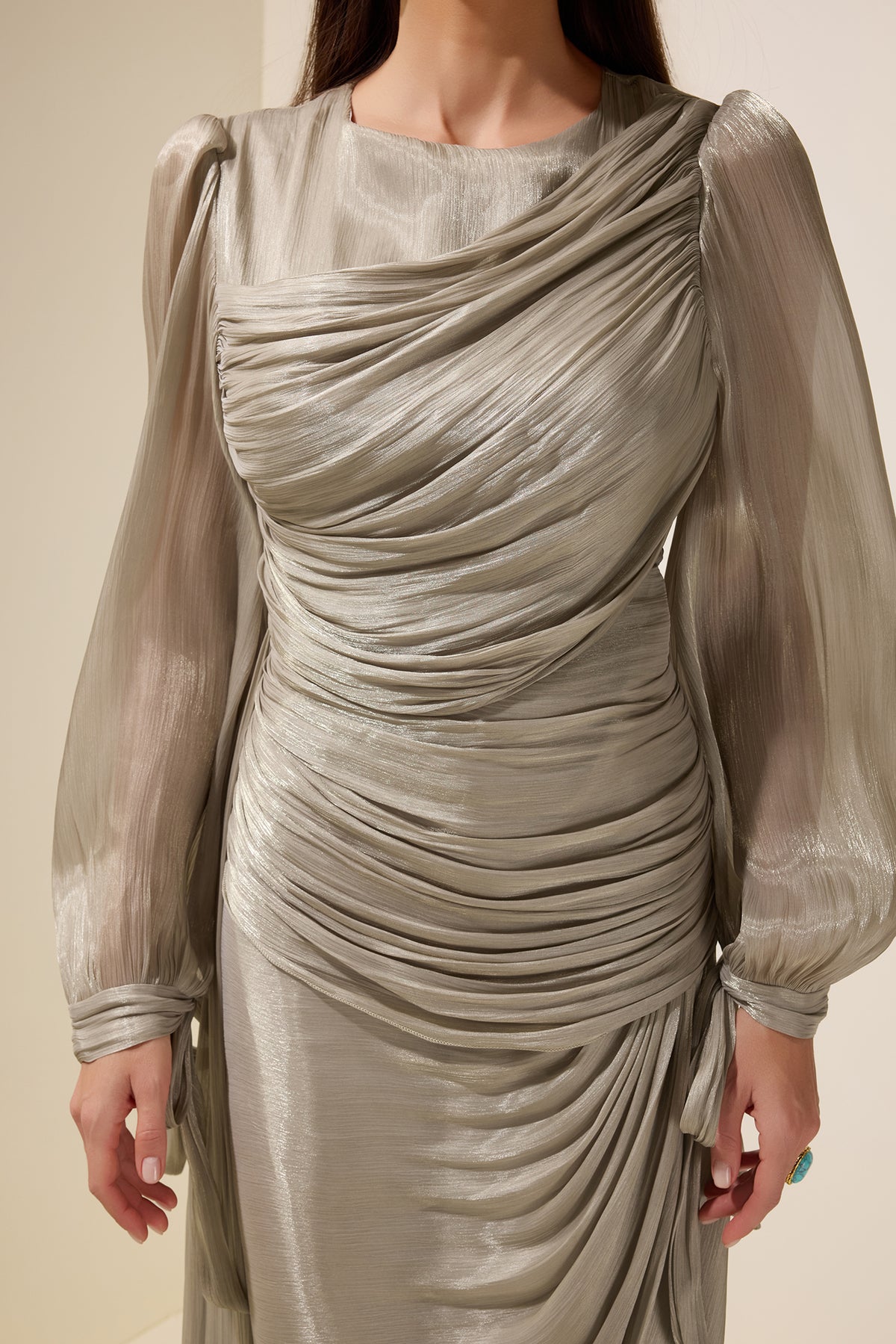 Gathering Lantern Sleeve Lace-Up Maxi Dress