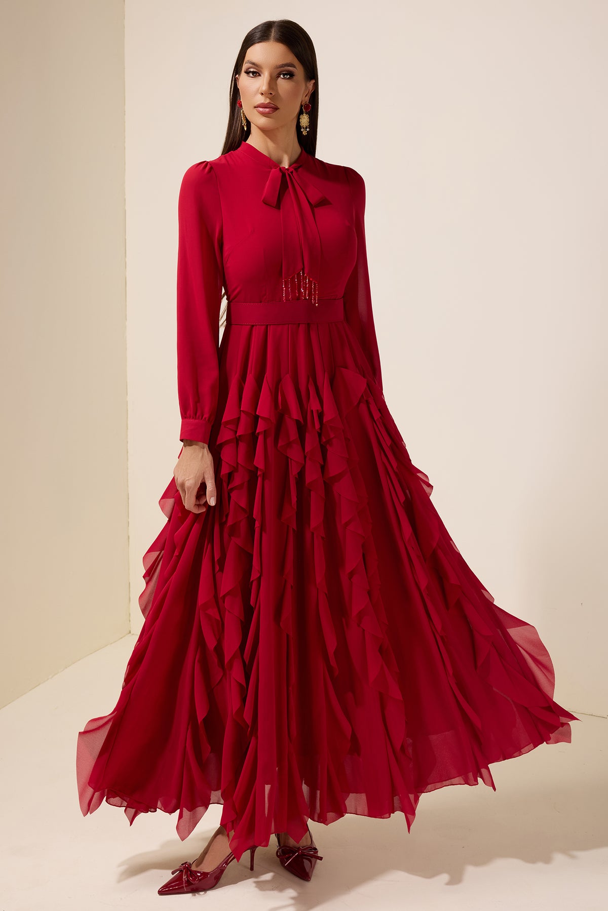 Chiffon Frill Beads Maxi Dress