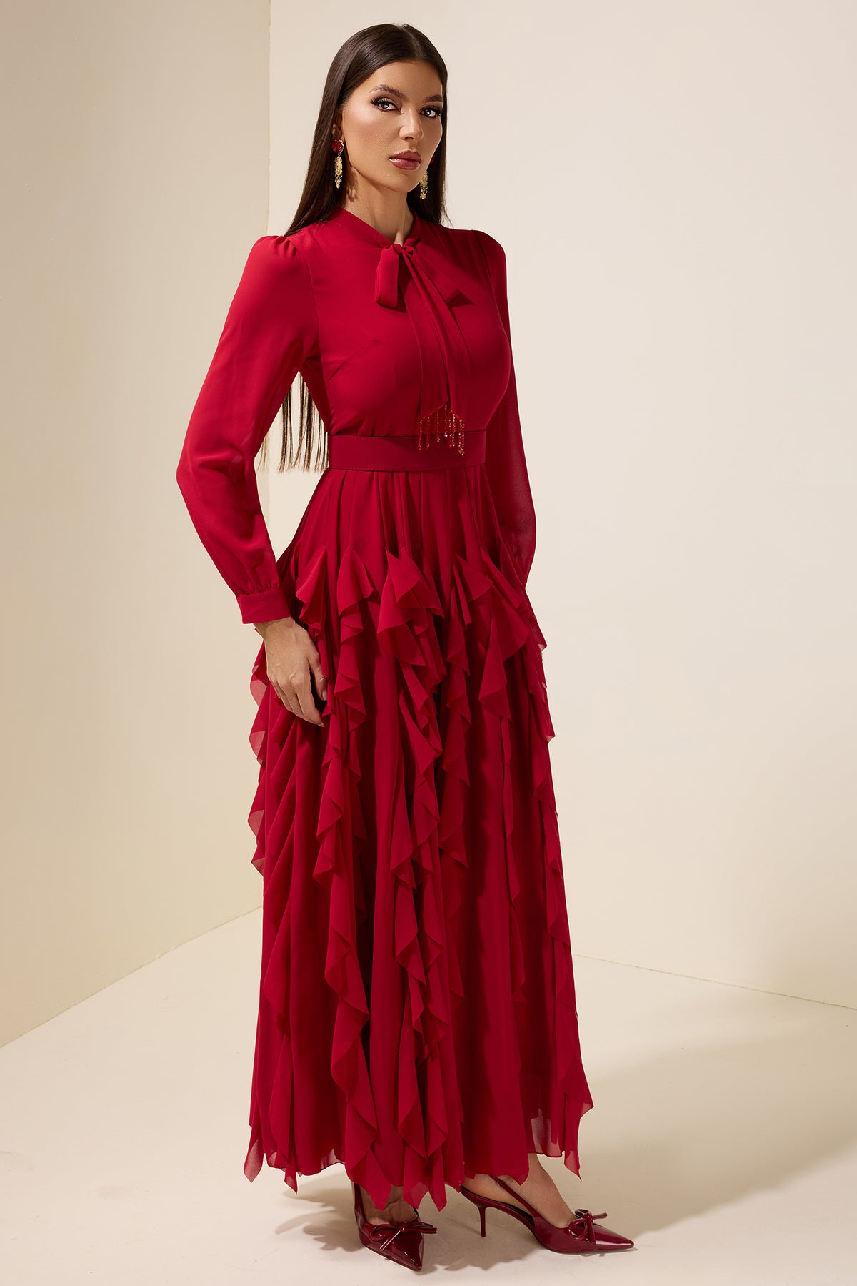 Chiffon Frill Beads Maxi Dress