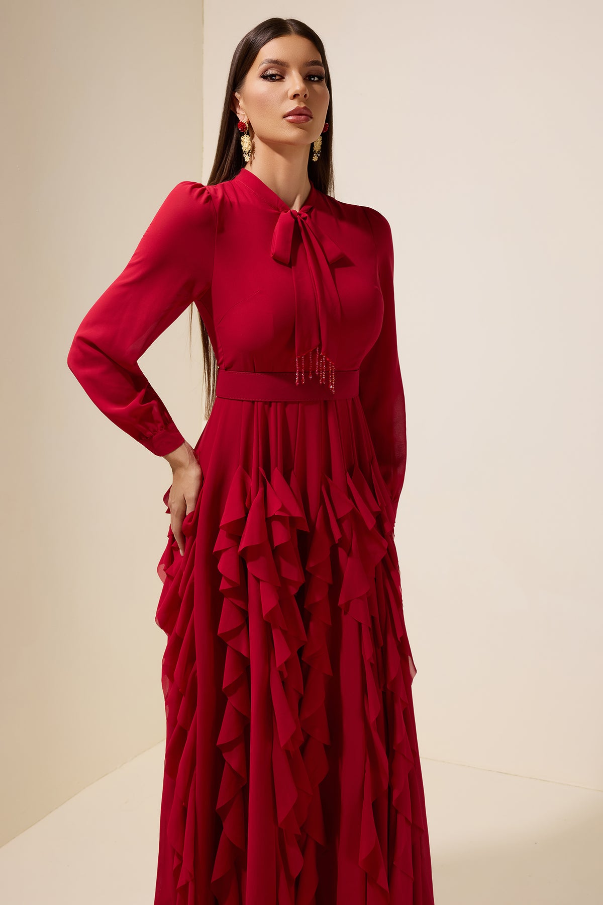 Chiffon Frill Beads Maxi Dress