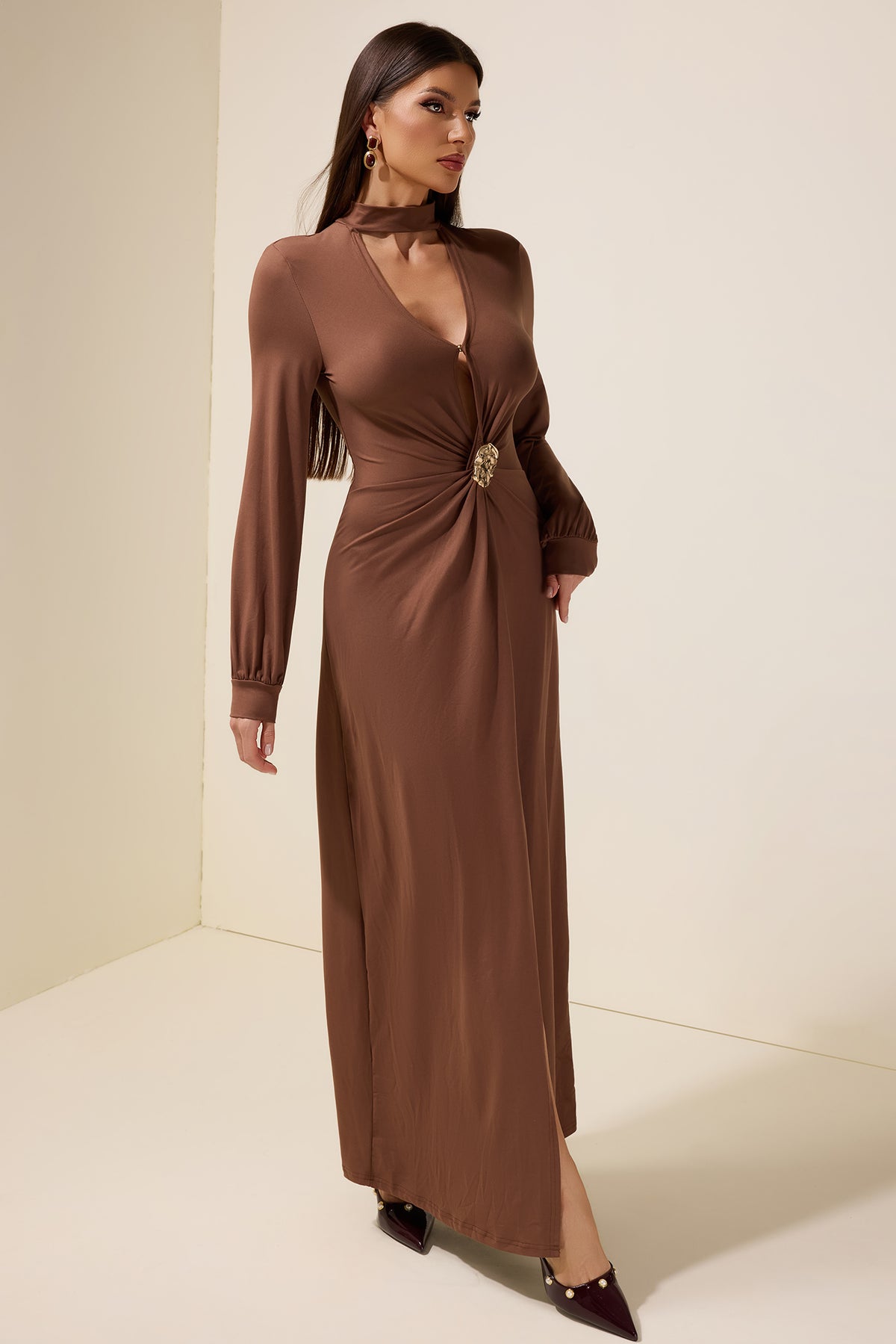 Jersey Metal Embellishment Lantern Sleeve Maxi Dress