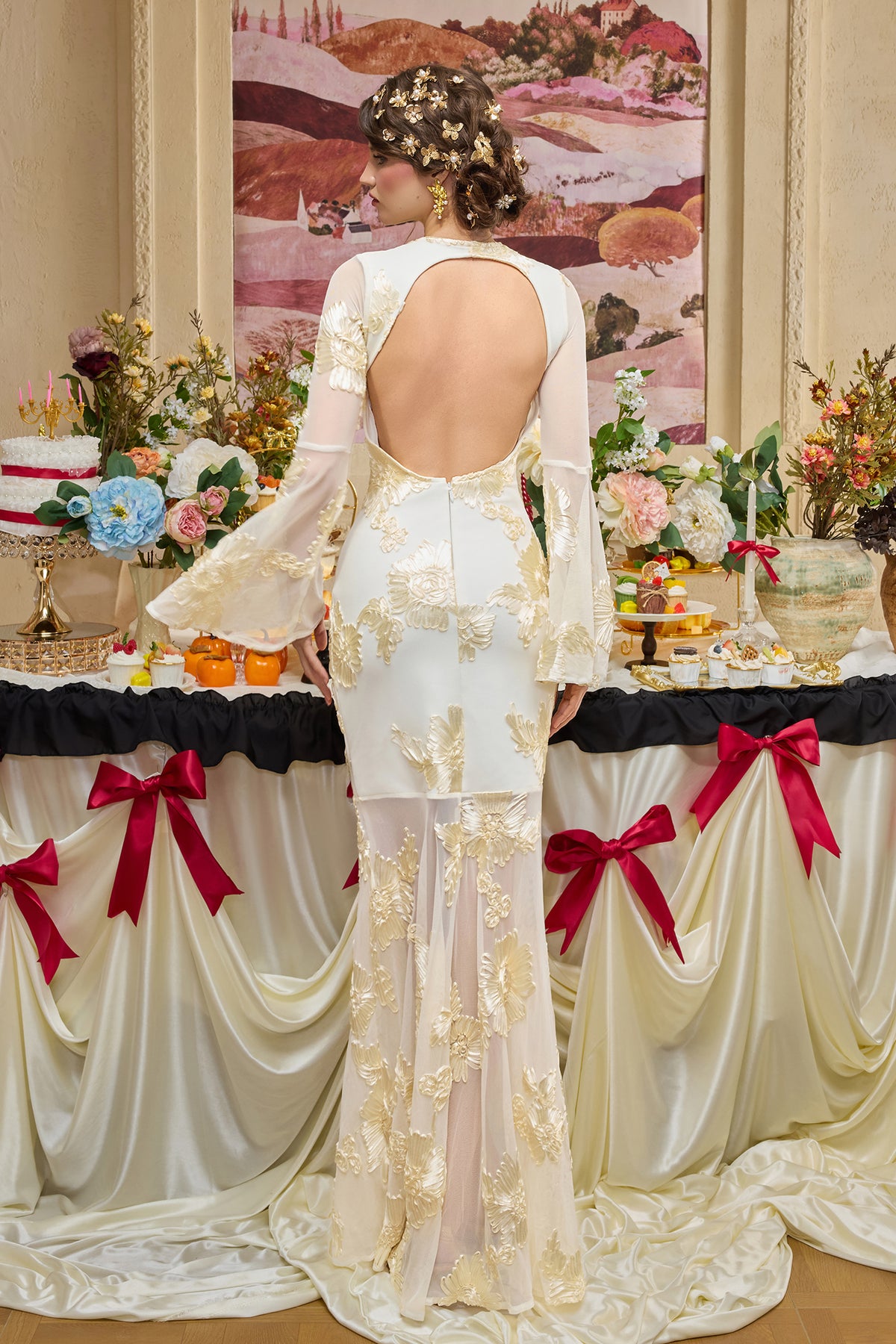 Mesh Embroidered Bell Sleeve Maxi Dress