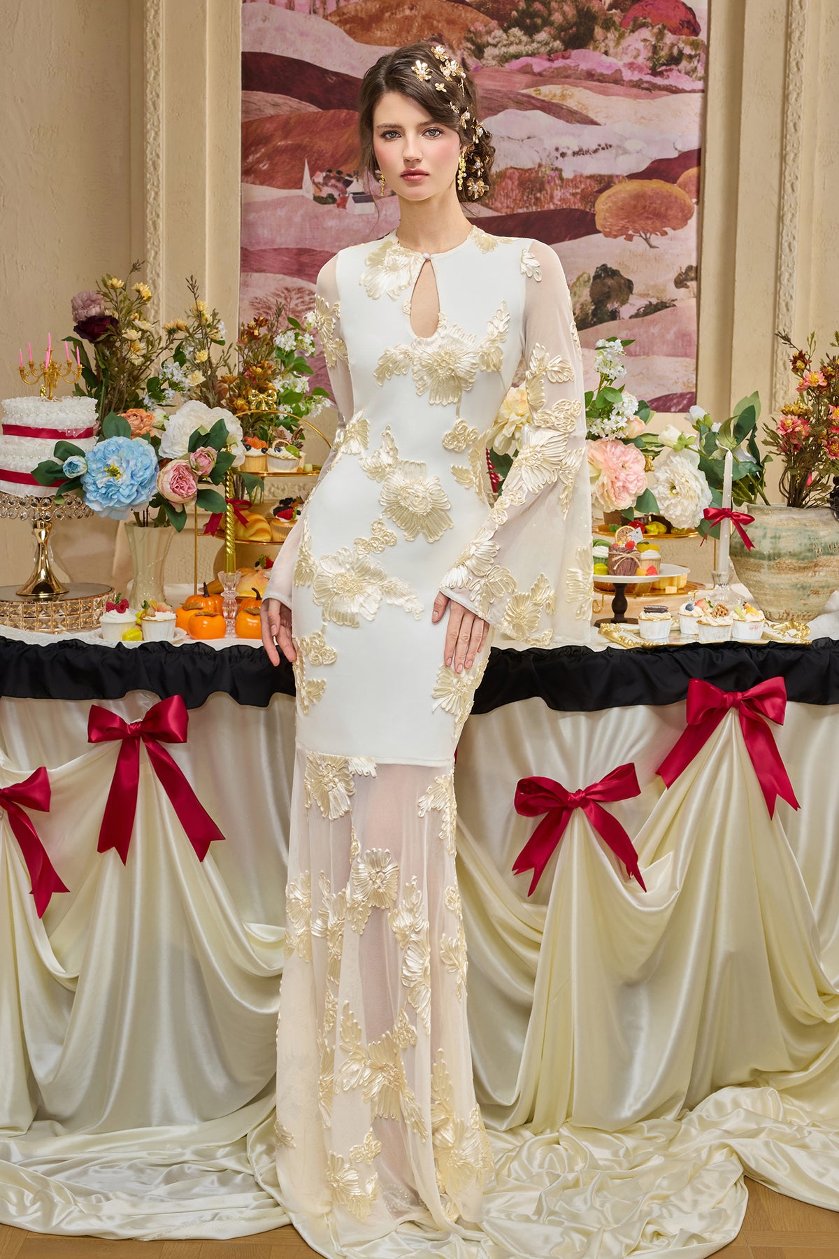 Mesh Embroidered Bell Sleeve Maxi Dress