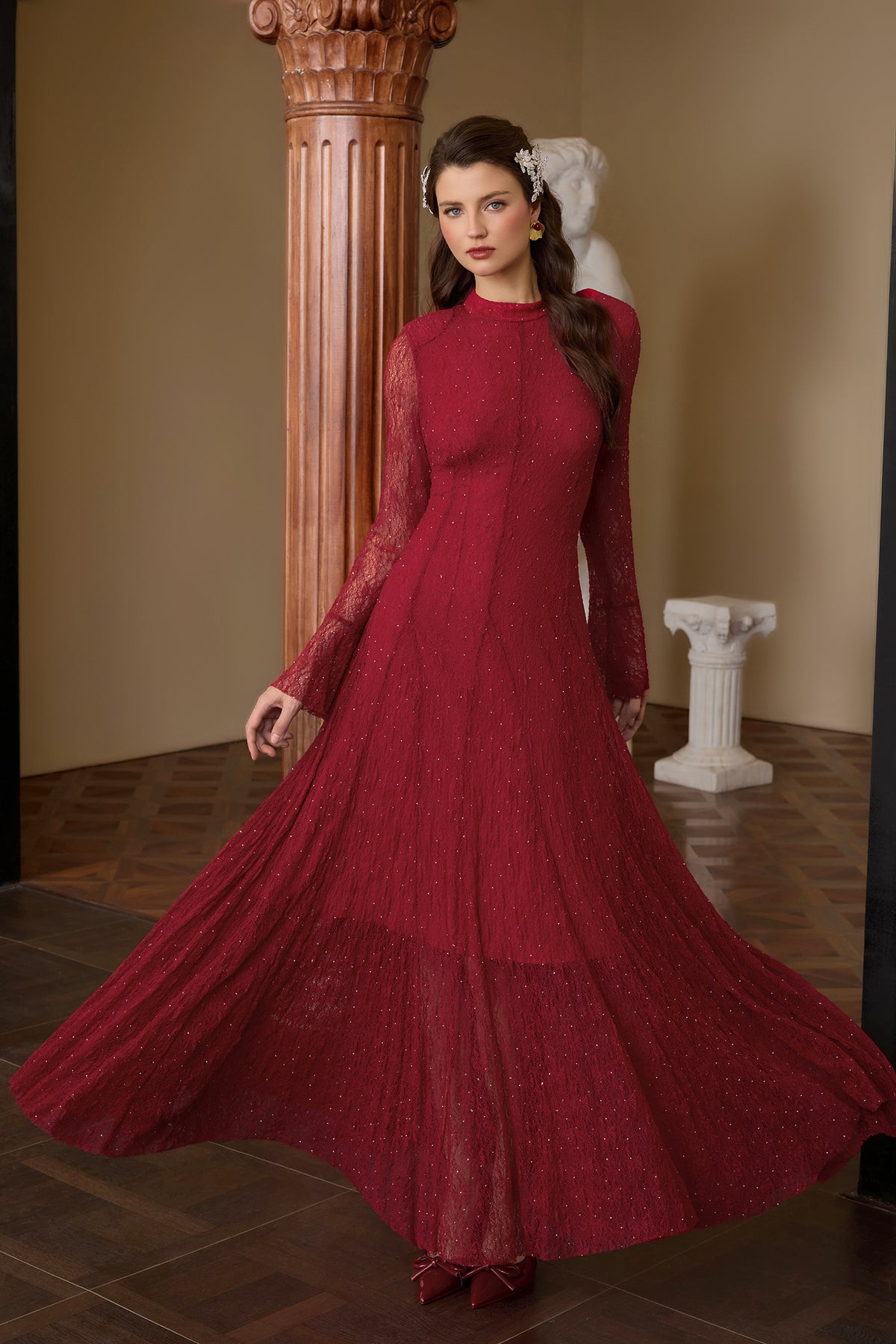 Lace Rhinestone Long Sleeve Maxi Dress