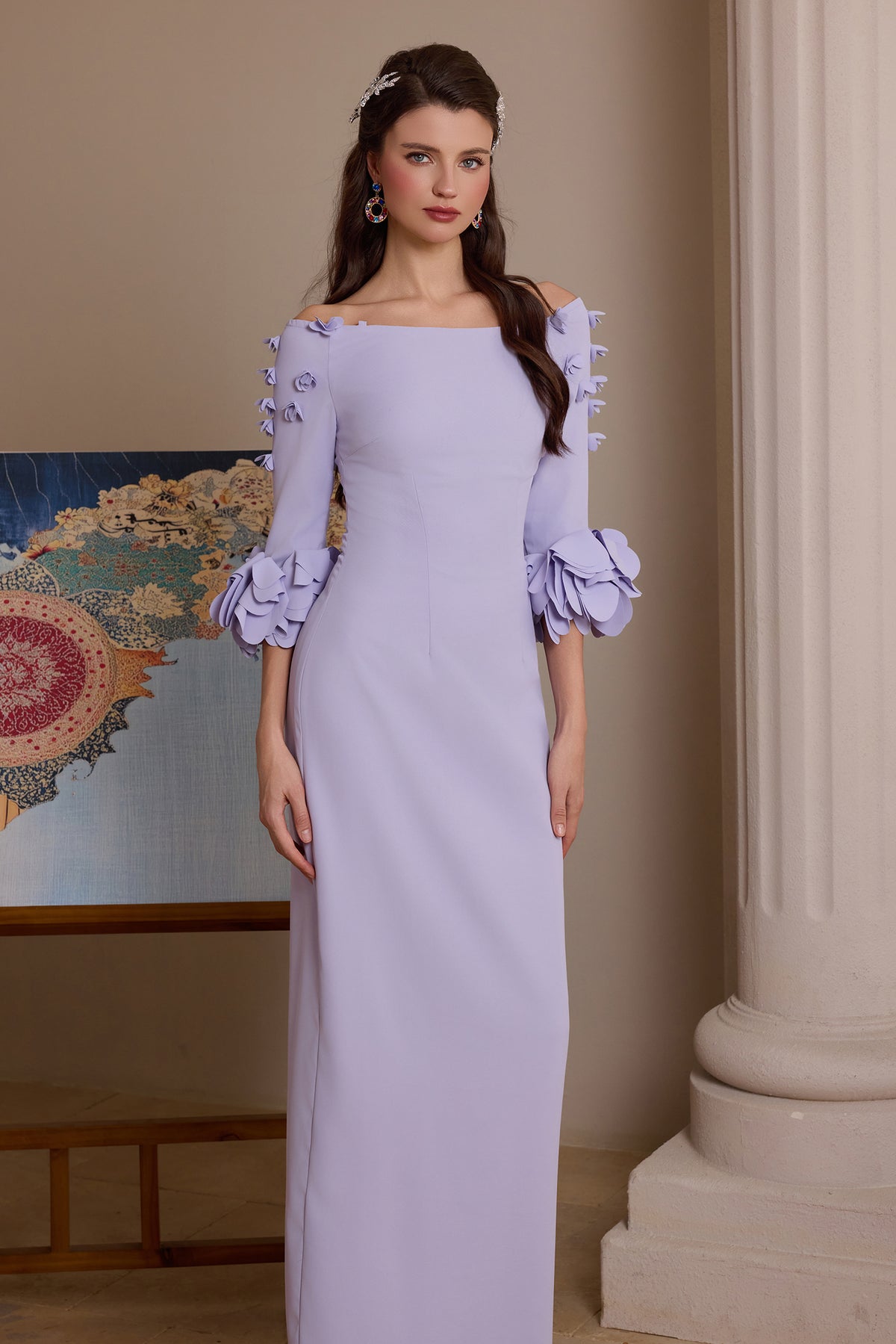 Solid 3D Flower One-Shoulder Maxi Dress