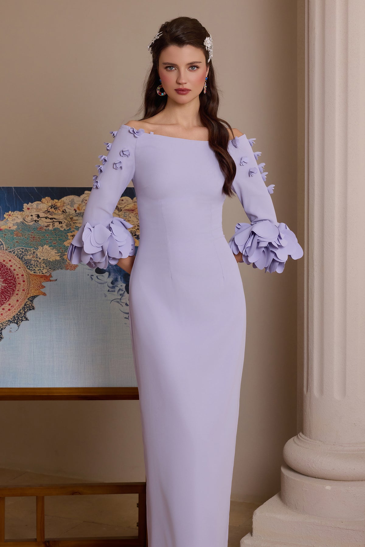 Solid 3D Flower One-Shoulder Maxi Dress