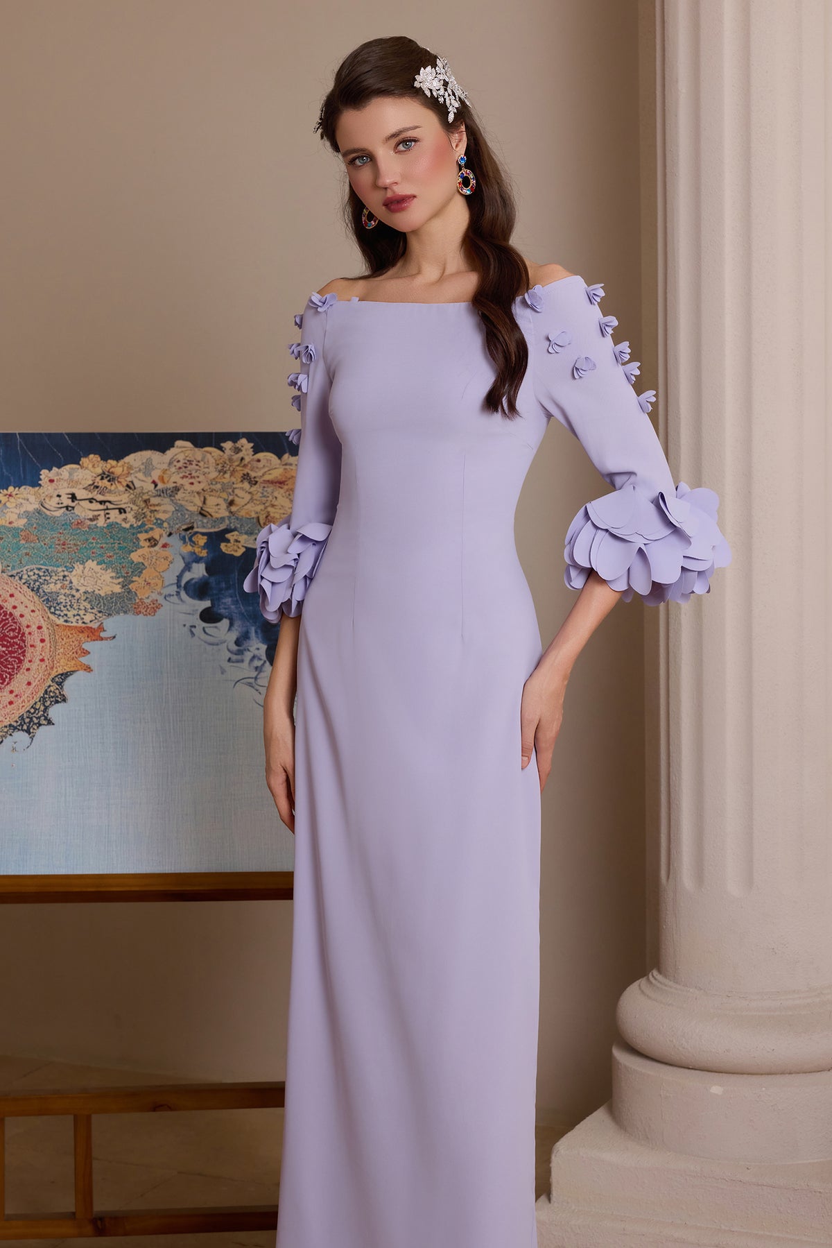 Solid 3D Flower One-Shoulder Maxi Dress