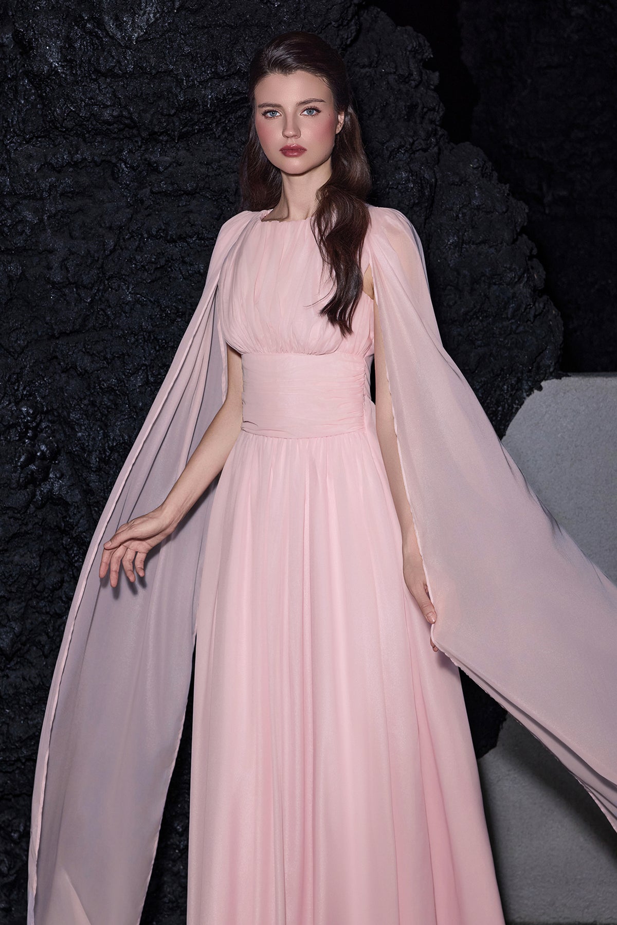 Solid Crumpled Cape Sleeve Maxi Dress