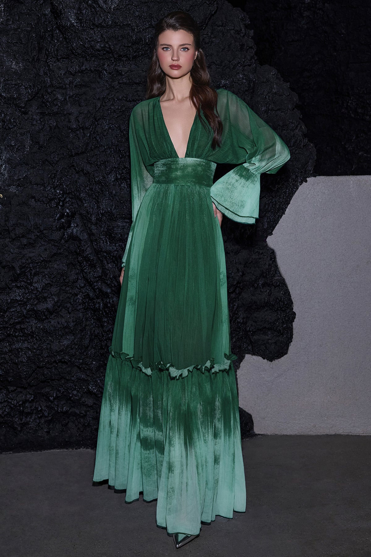 Ombre Chiffon Ruffle Maxi Dress