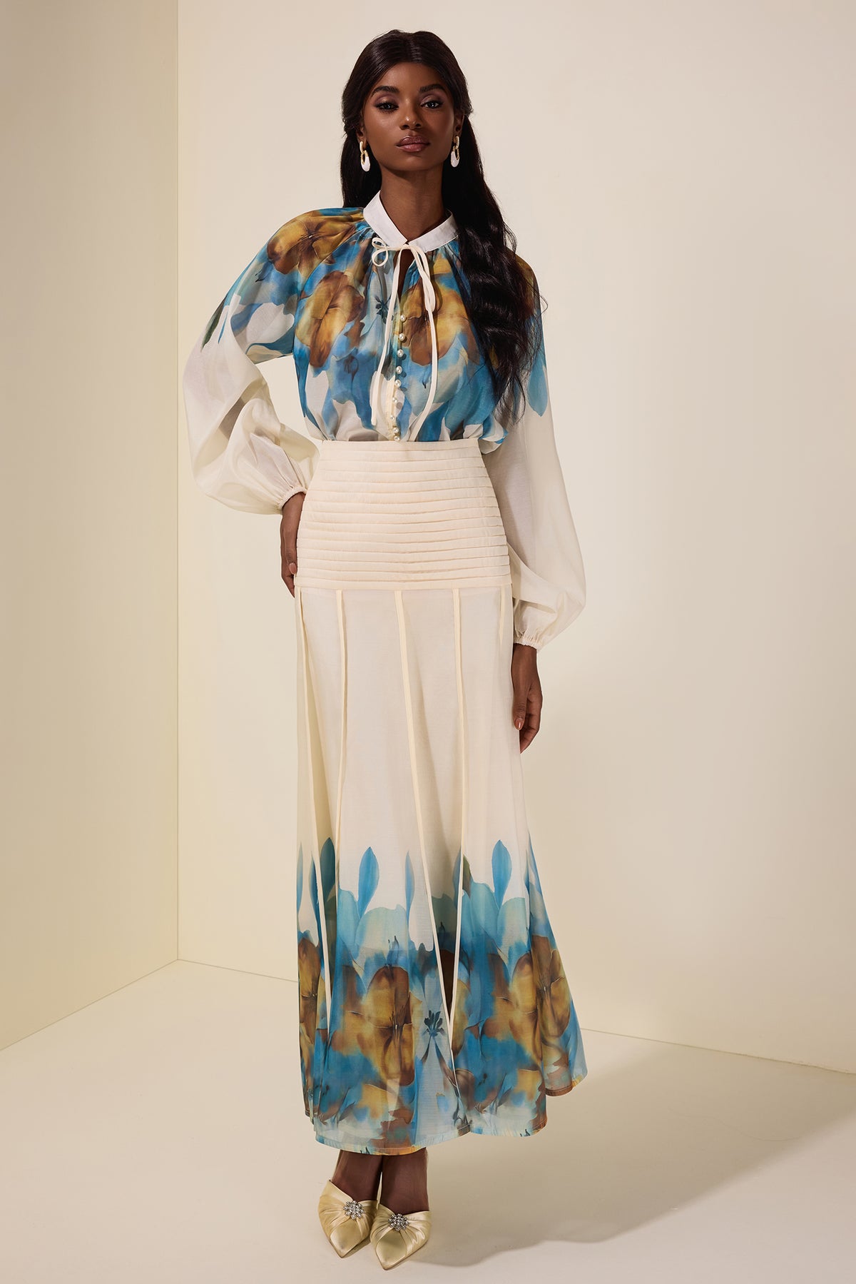Floral Lace-Up Top & Pleated Midi Skirt Set