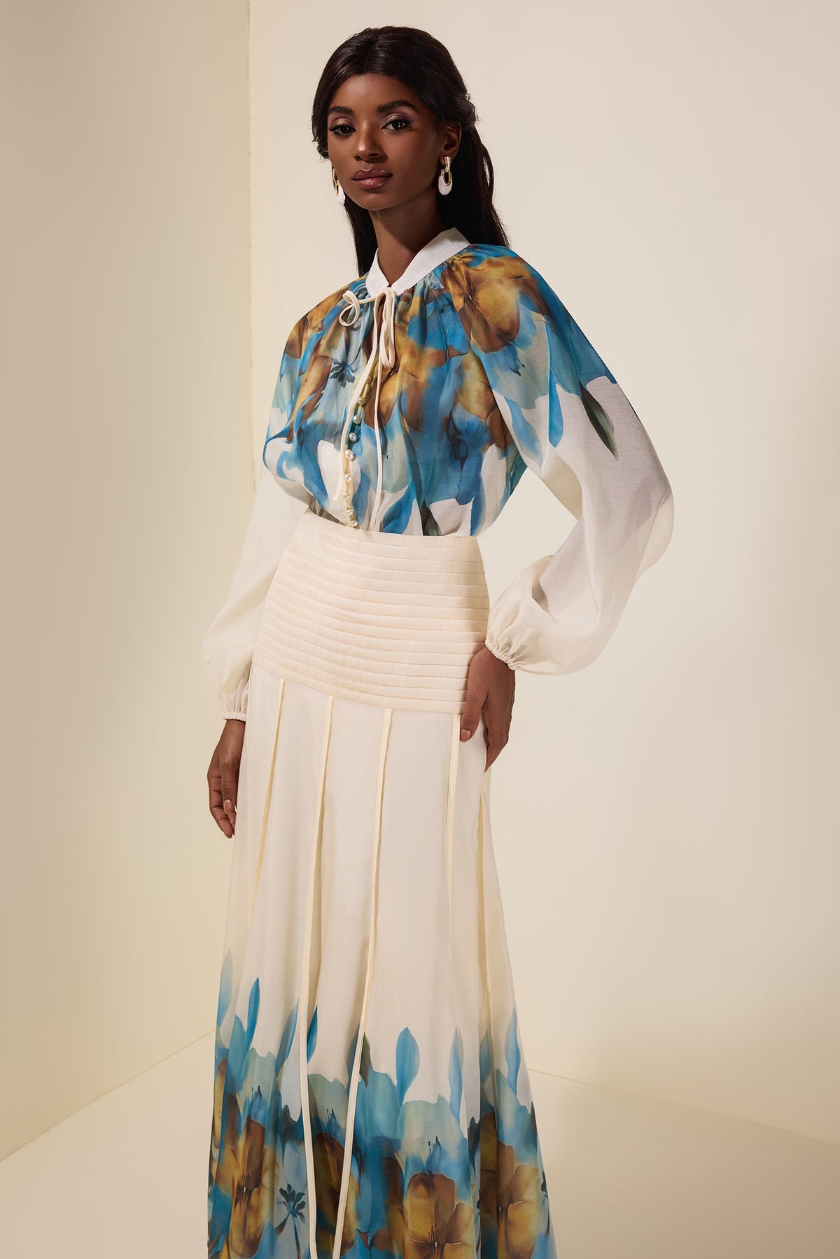 Floral Lace-Up Top & Pleated Midi Skirt Set