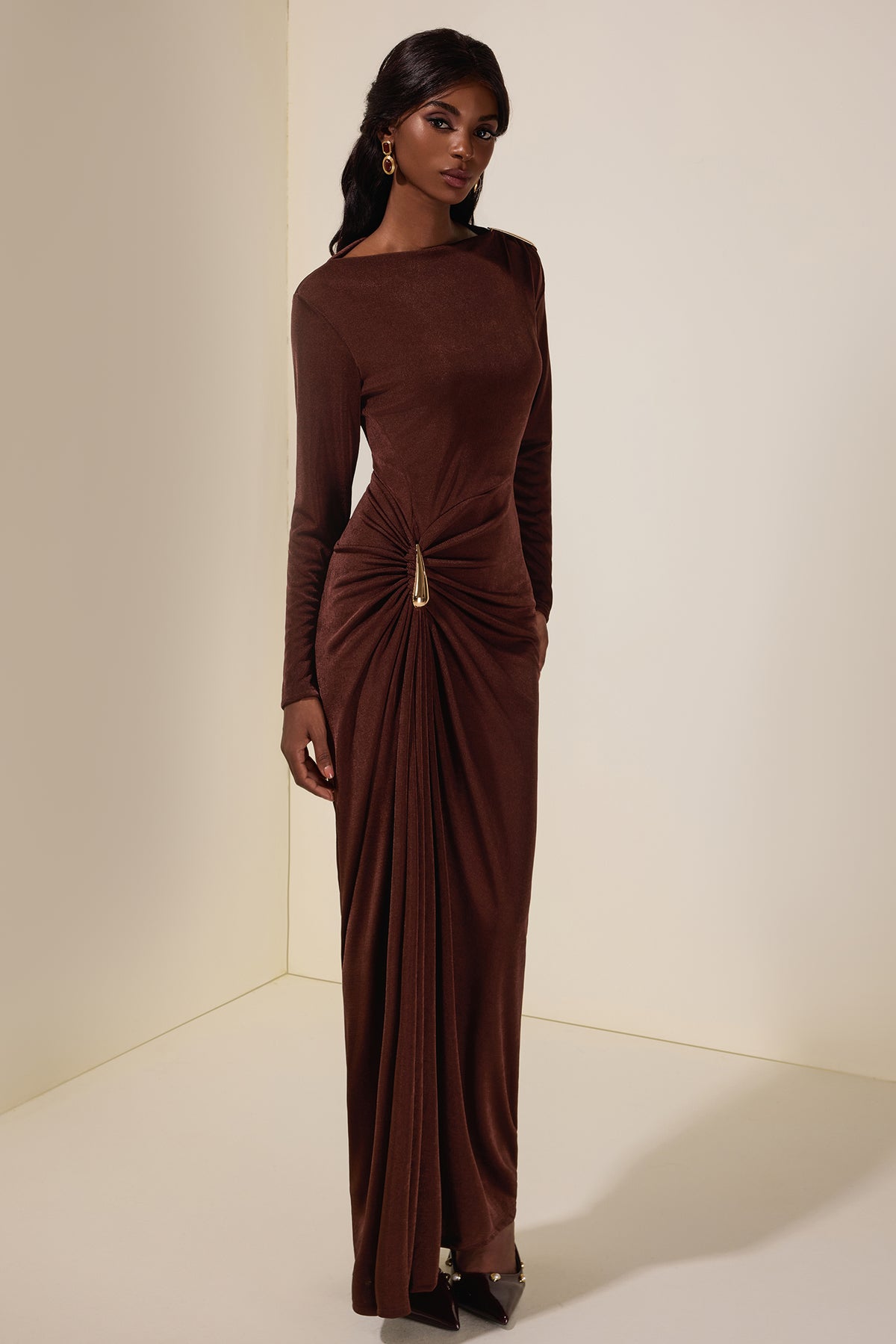Jersey Metal Decorations Long Sleeve Maxi Dress