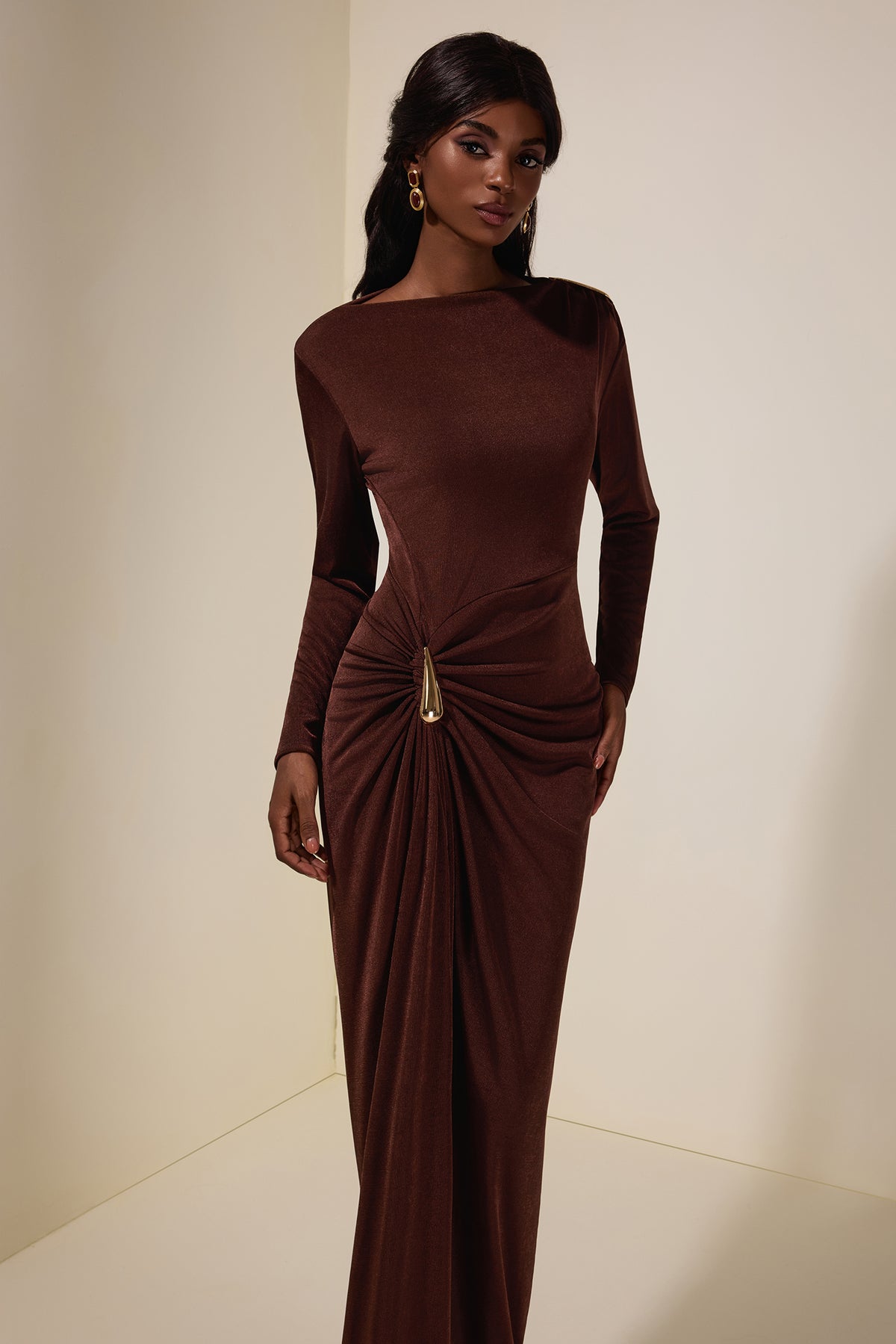 Jersey Metal Decorations Long Sleeve Maxi Dress