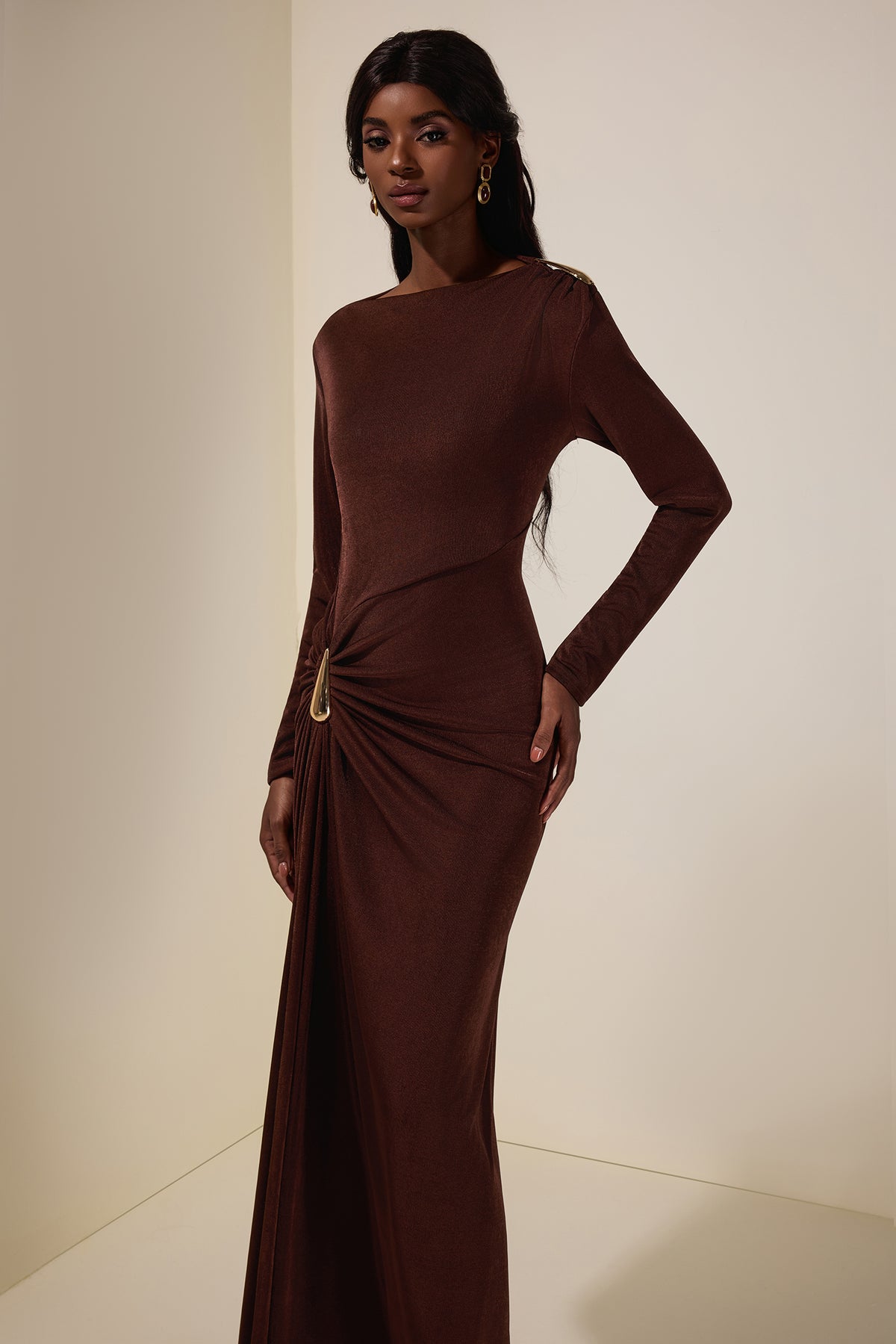 Jersey Metal Decorations Long Sleeve Maxi Dress