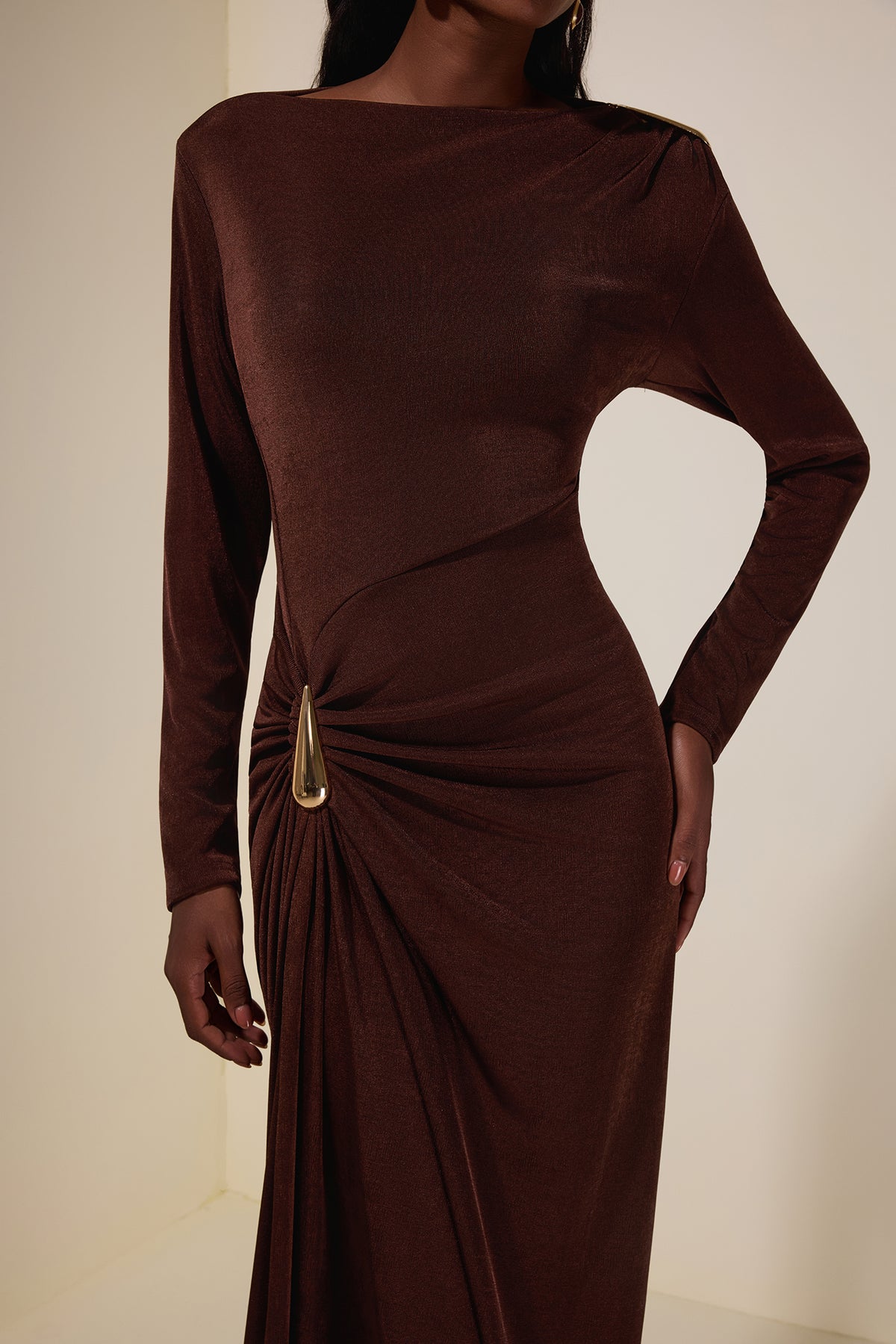 Jersey Metal Decorations Long Sleeve Maxi Dress