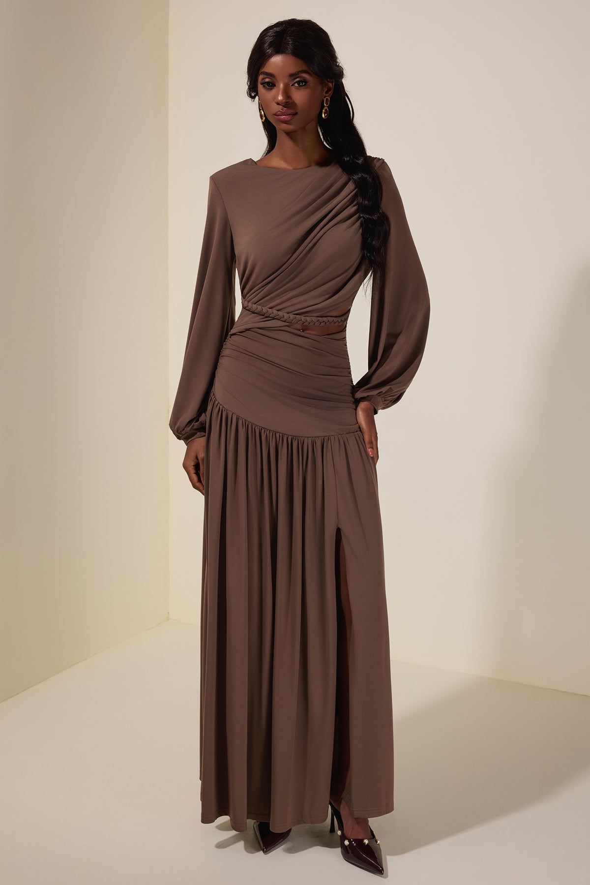 Jersey Woven Gathering Midi Dress