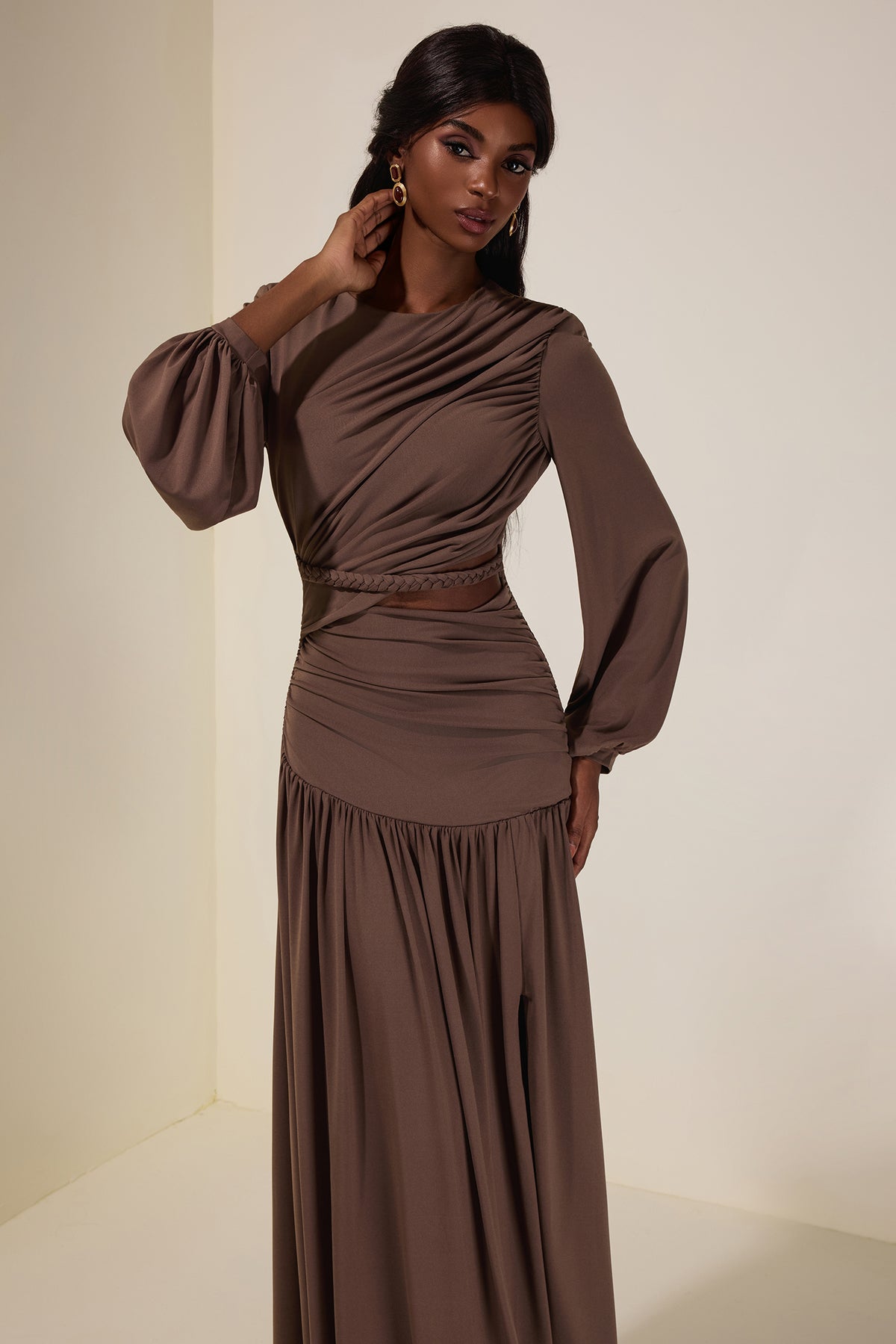 Jersey Woven Gathering Midi Dress