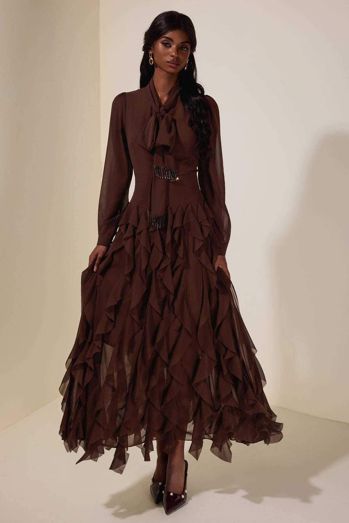 Chiffon Frill Beads Maxi Dress