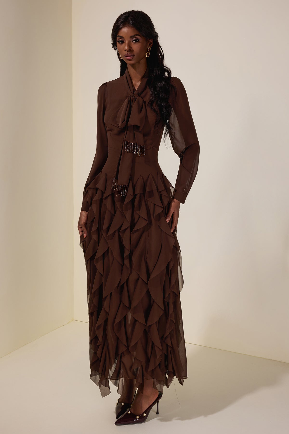Chiffon Frill Beads Maxi Dress