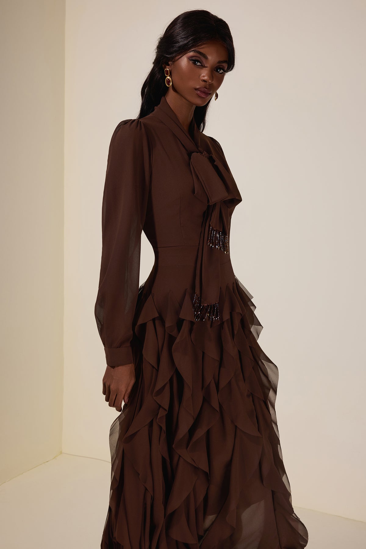 Chiffon Frill Beads Maxi Dress