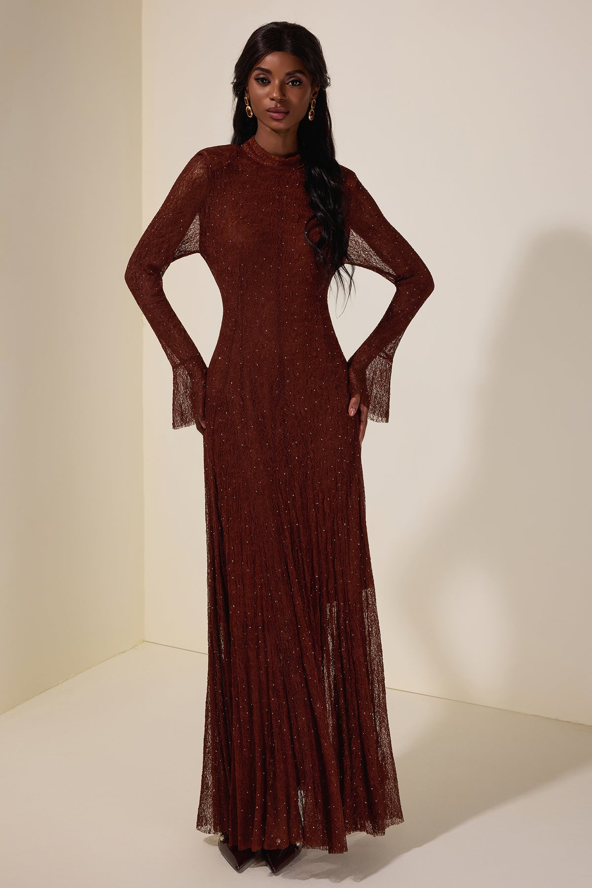 Lace Rhinestone Long Sleeve Maxi Dress