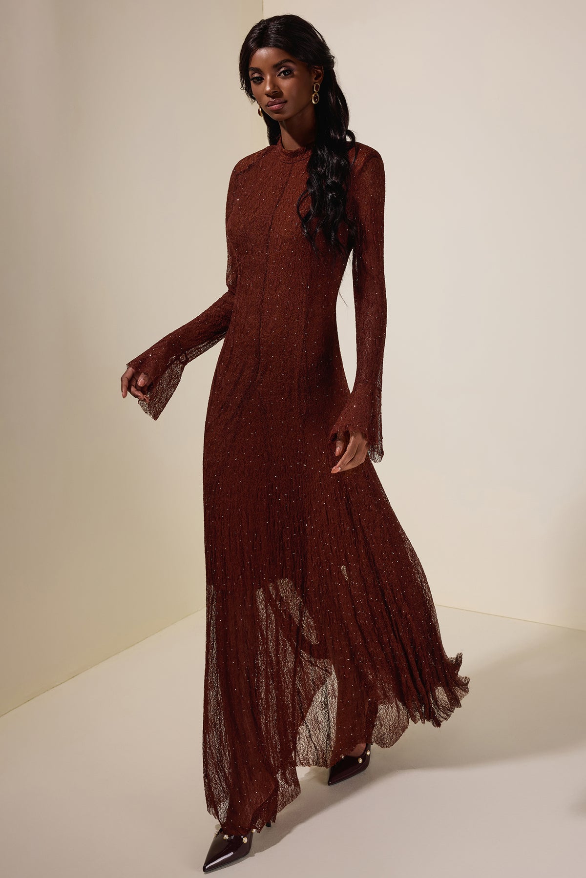 Lace Rhinestone Long Sleeve Maxi Dress