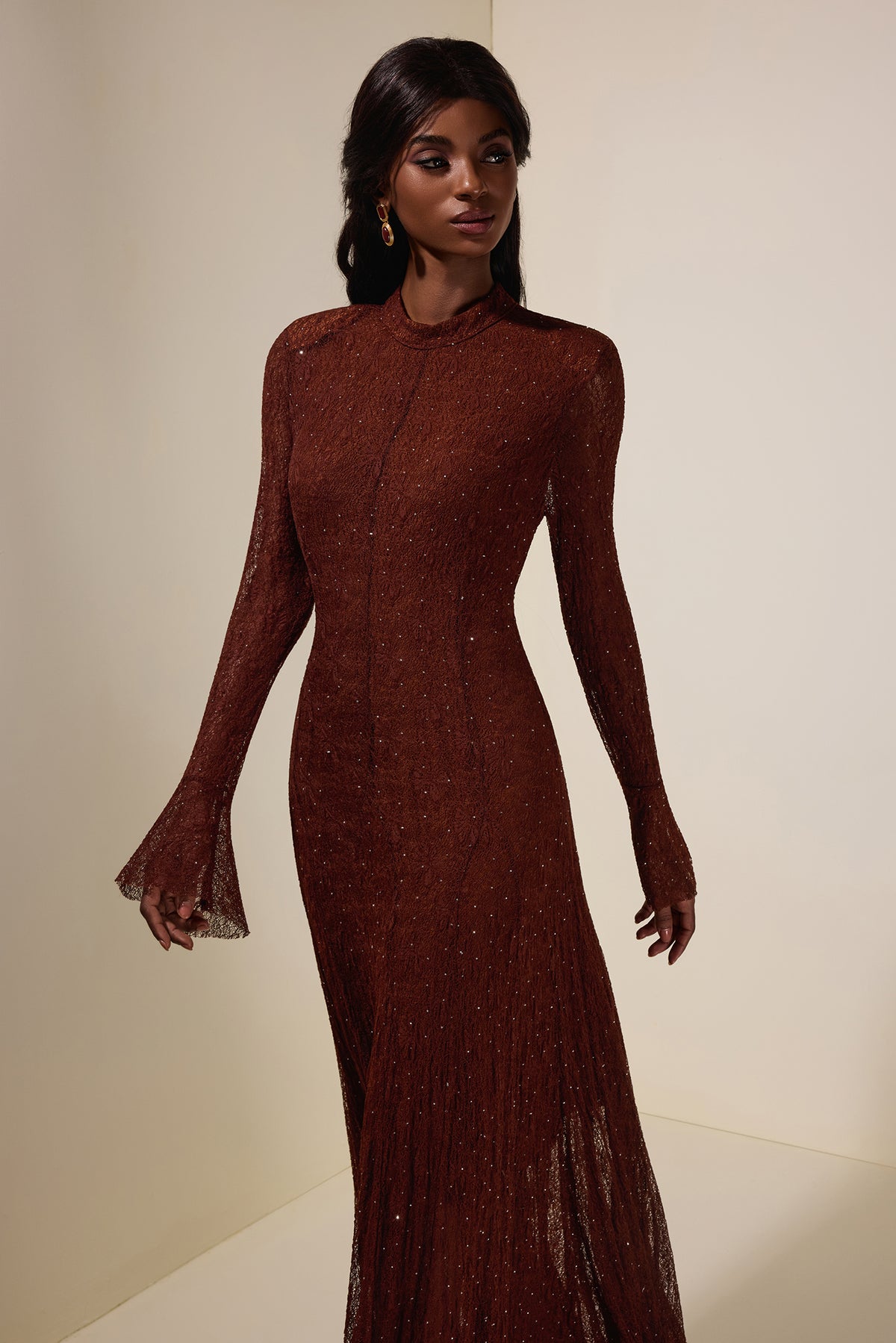 Lace Rhinestone Long Sleeve Maxi Dress