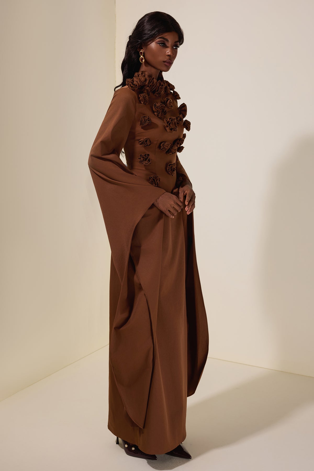 Solid 3D Flower Cape Sleeve Maxi Dress