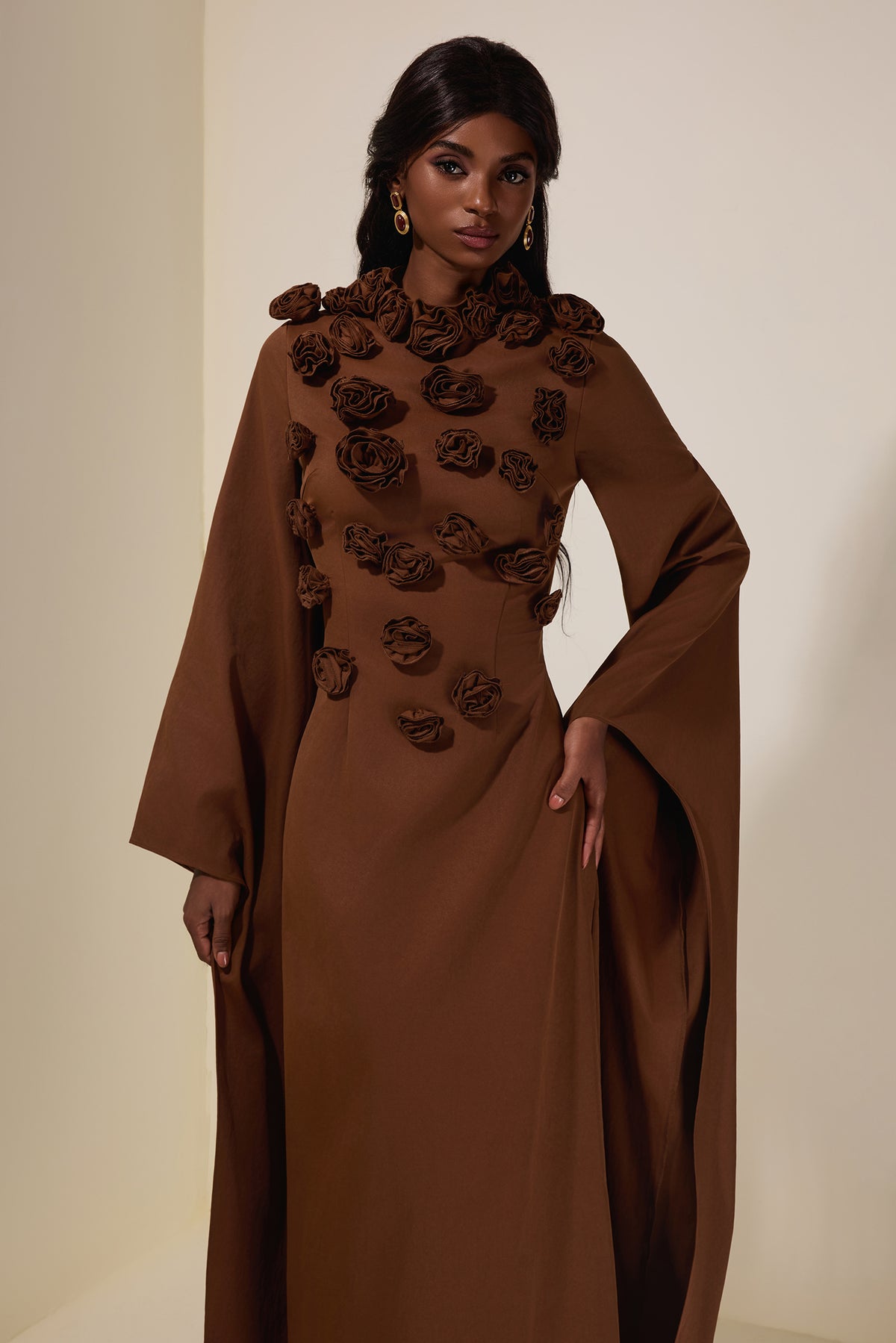 Solid 3D Flower Cape Sleeve Maxi Dress