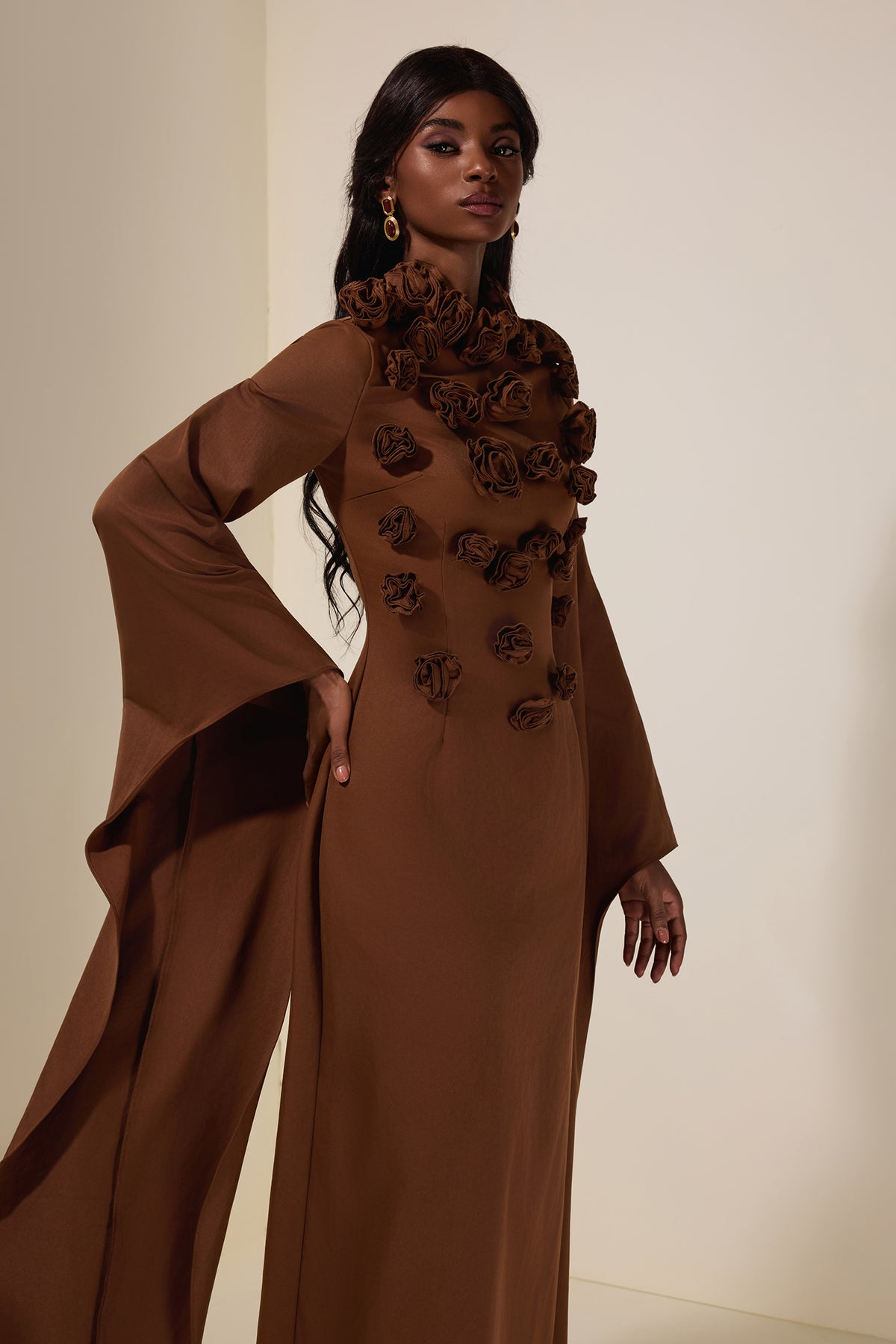 Solid 3D Flower Cape Sleeve Maxi Dress