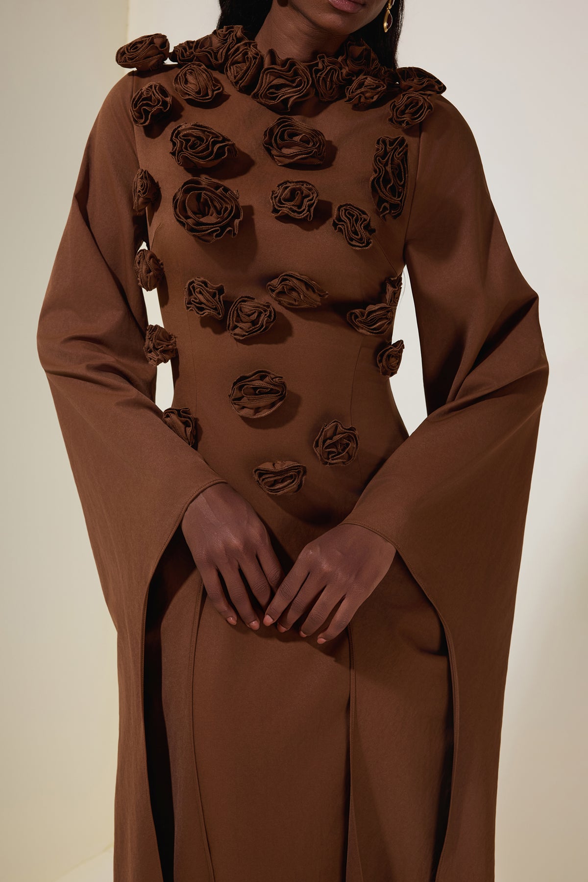 Solid 3D Flower Cape Sleeve Maxi Dress