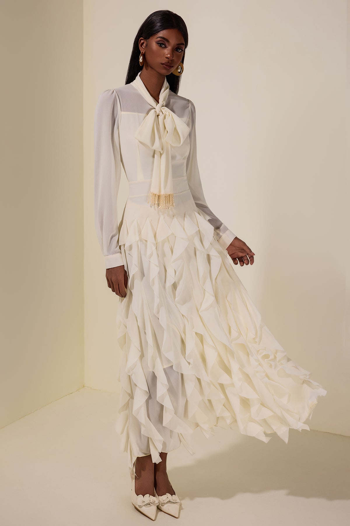 Chiffon Frill Beads Maxi Dress