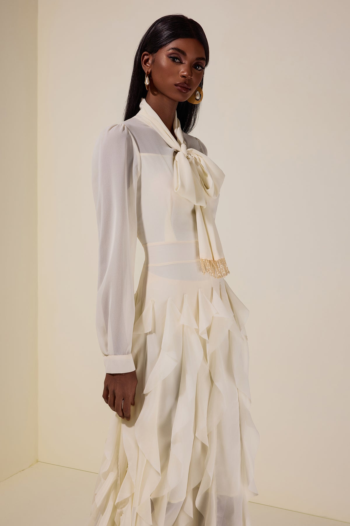 Chiffon Frill Beads Maxi Dress