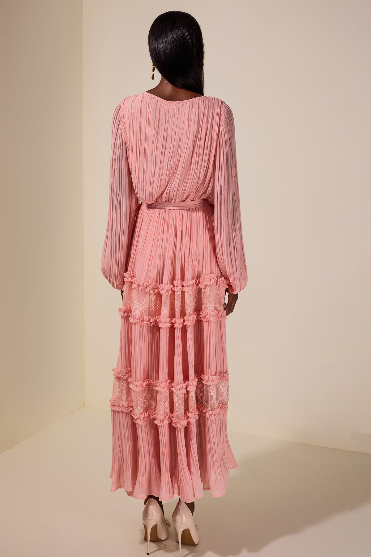 Chiffon Splicing Lace V Neck Midi Dress With Belt