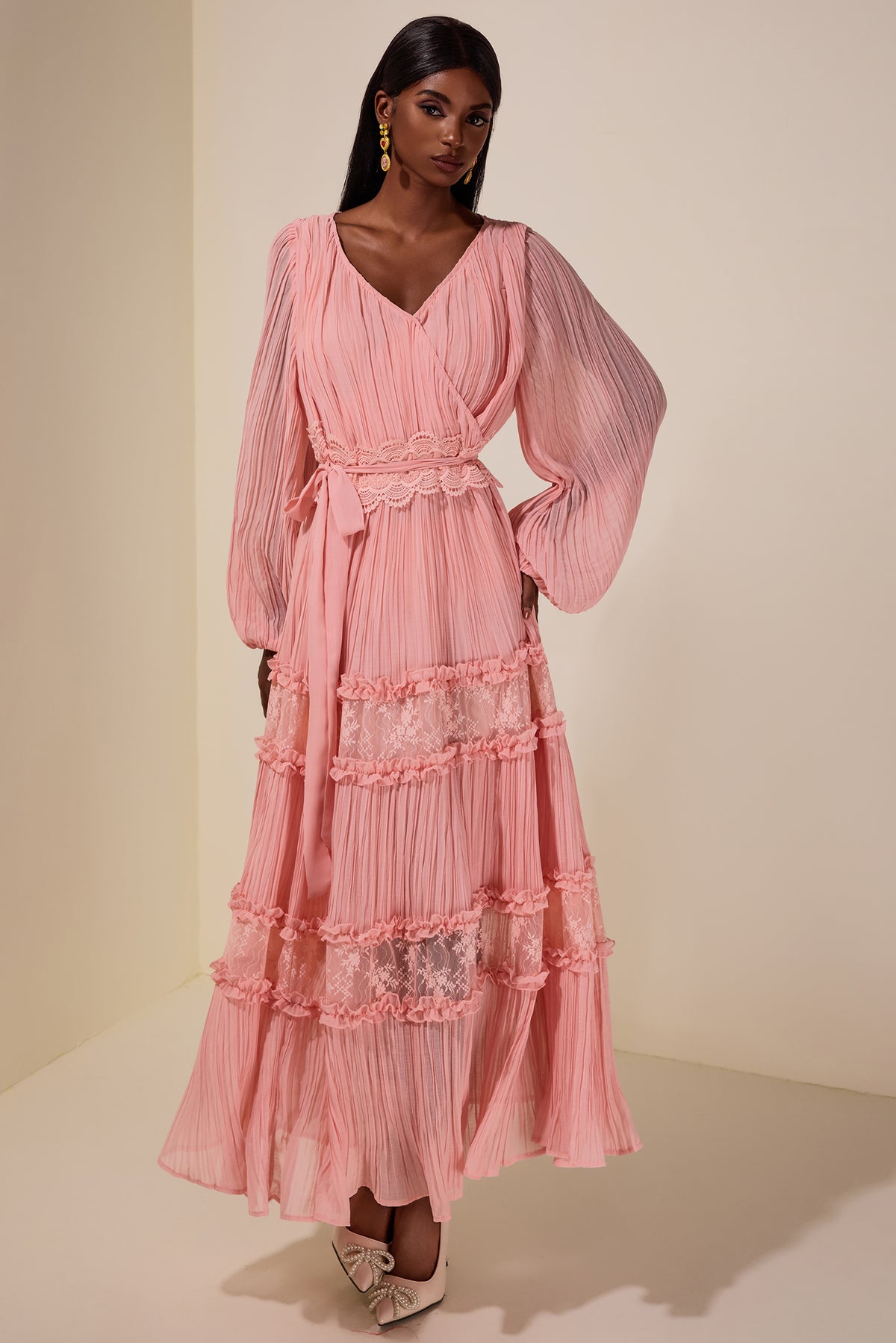 Chiffon Splicing Lace V Neck Midi Dress With Belt