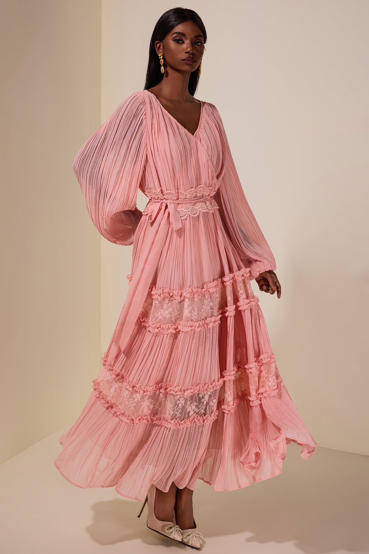 Chiffon Splicing Lace V Neck Midi Dress With Belt