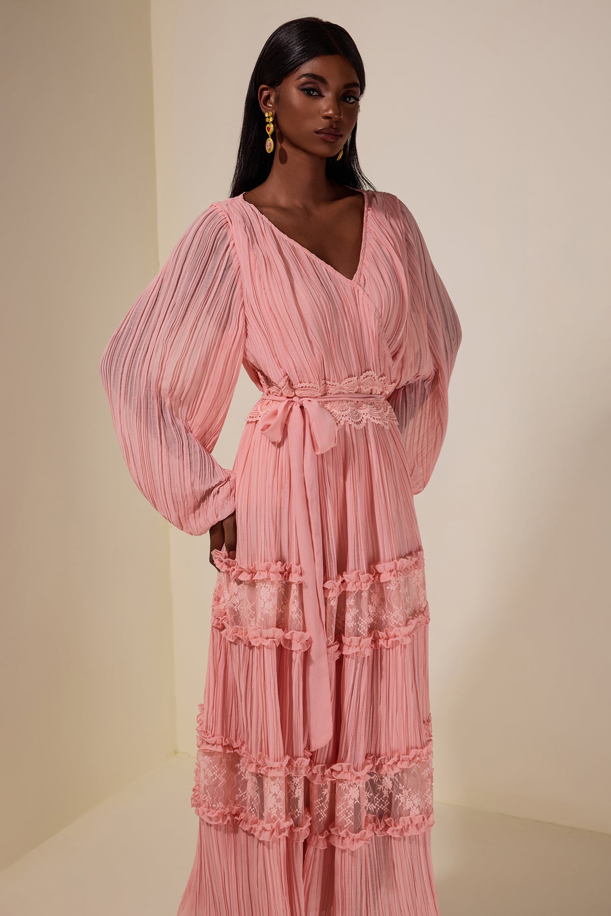 Chiffon Splicing Lace V Neck Midi Dress With Belt