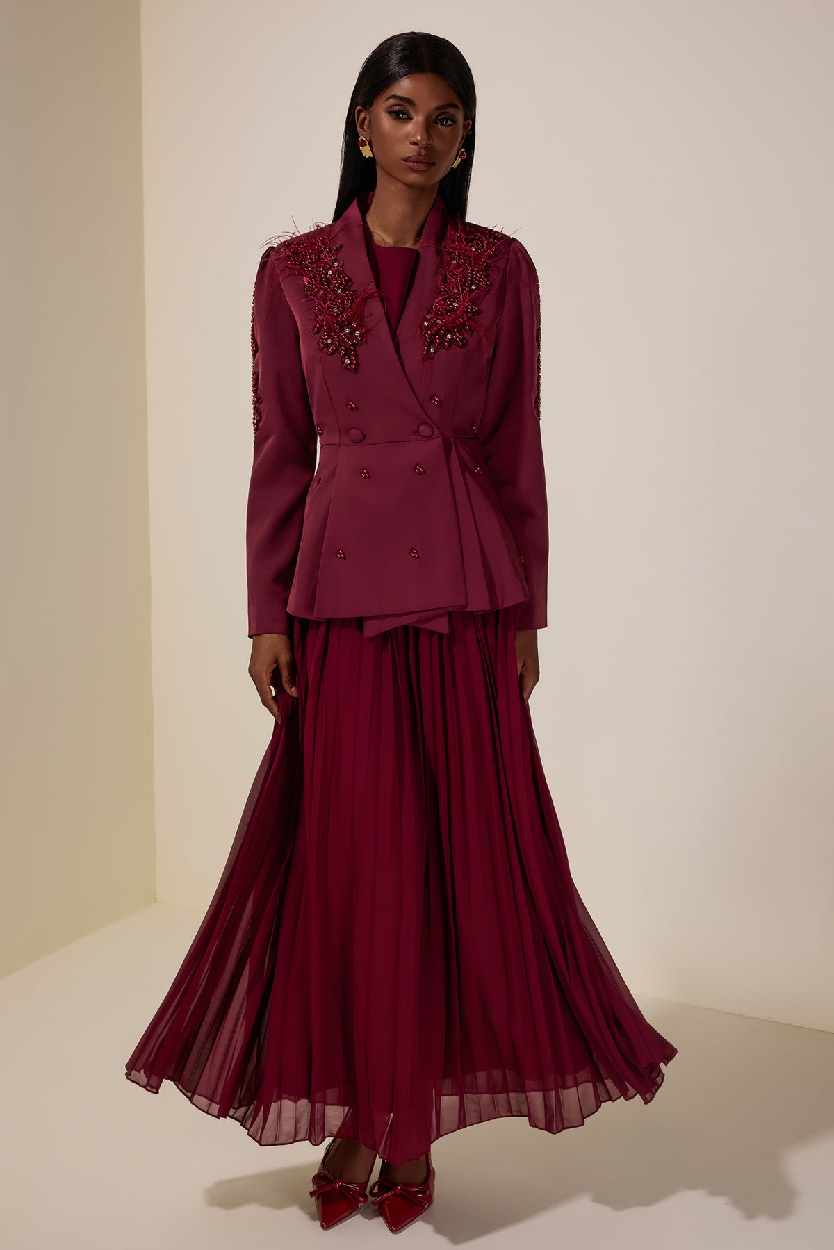 Chiffon Pleated Midi Dress With Nail Bead Embroidery Outerwear