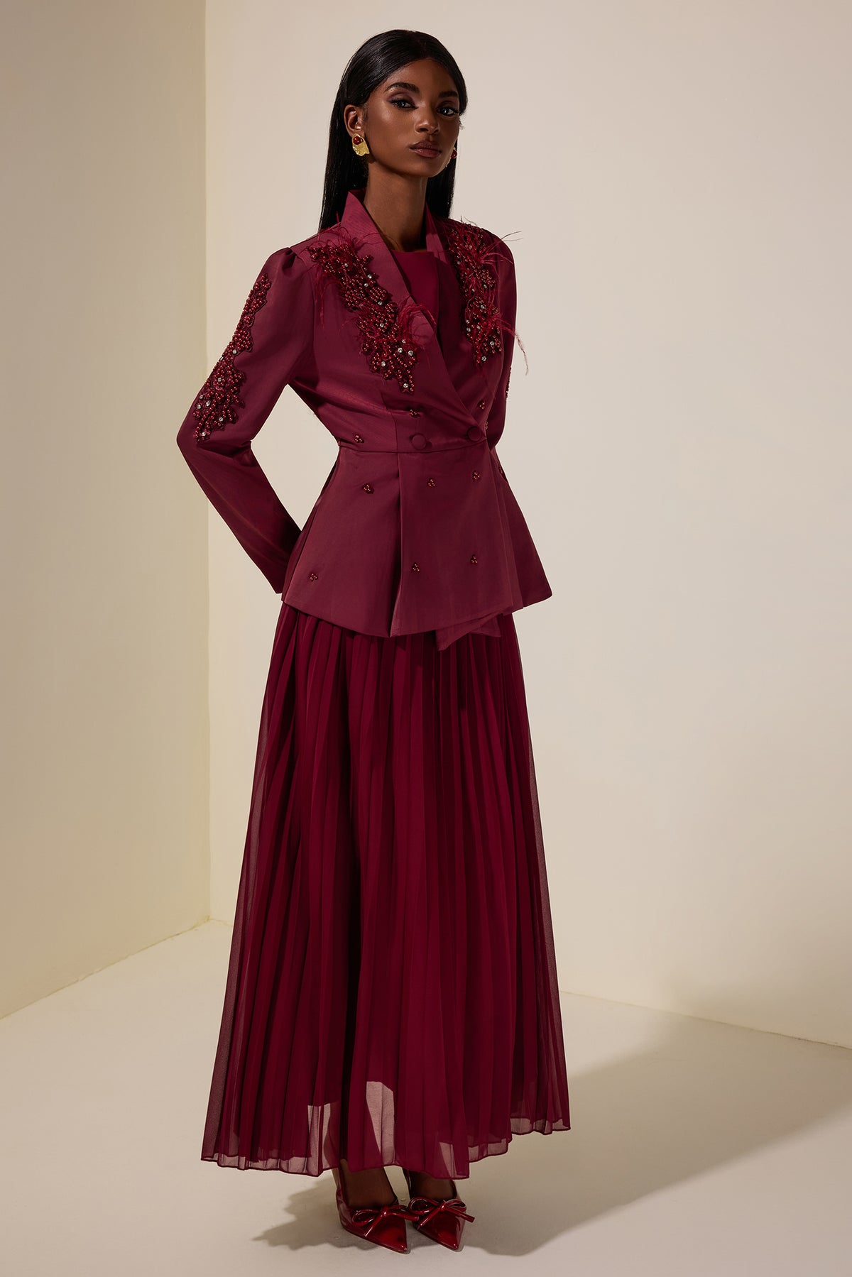 Chiffon Pleated Midi Dress With Nail Bead Embroidery Outerwear