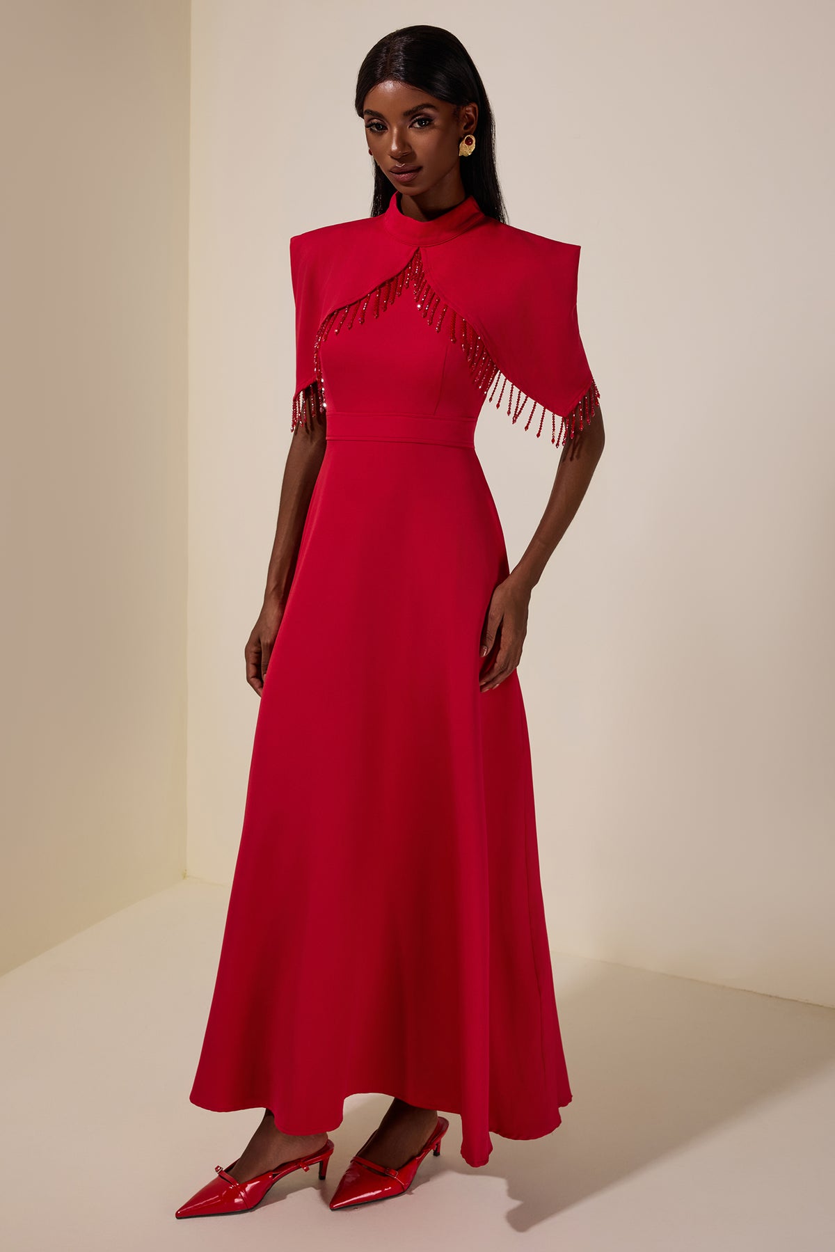 Solid Cape Sleeve Diamond Tassels Maxi Dress