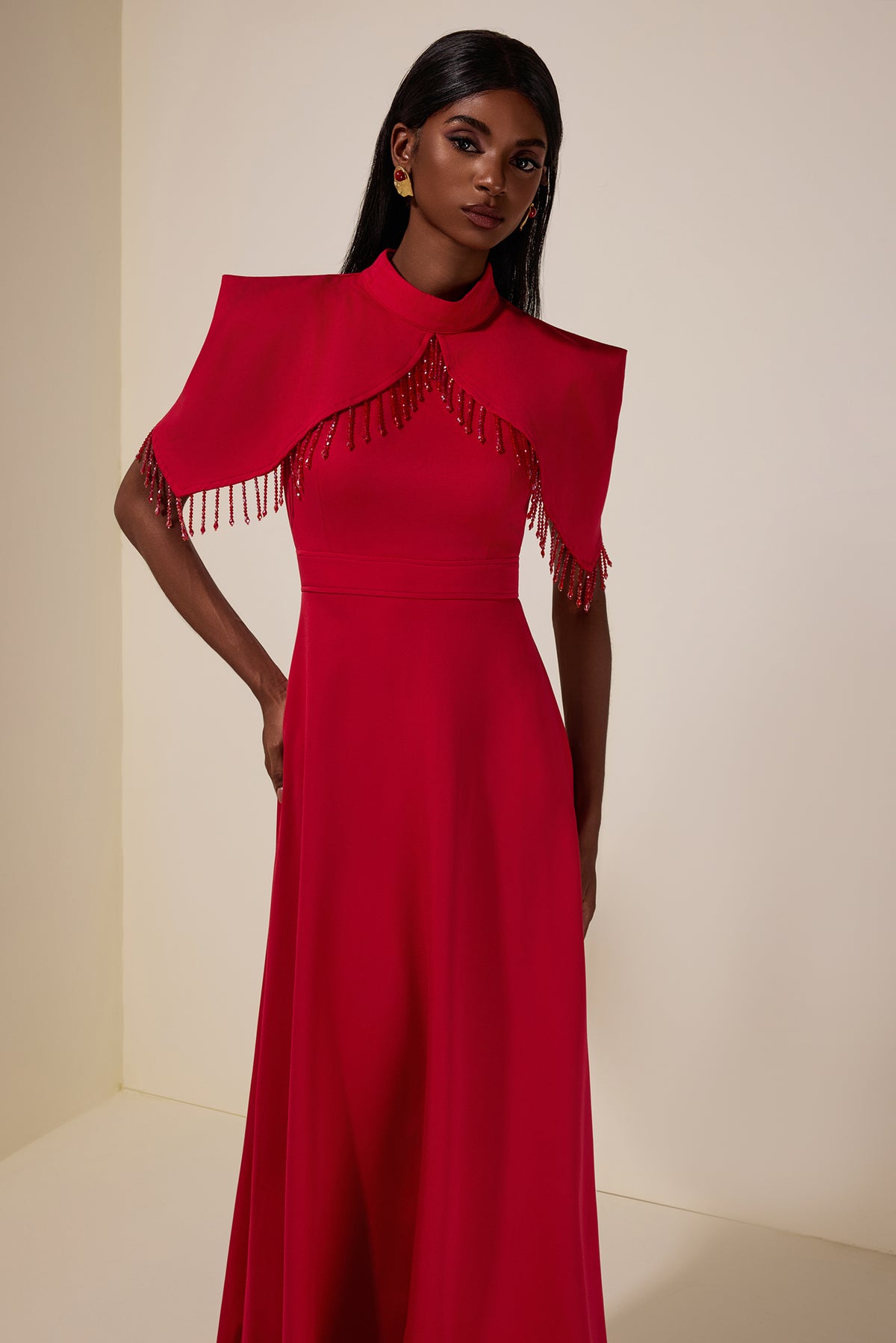 Solid Cape Sleeve Diamond Tassels Maxi Dress