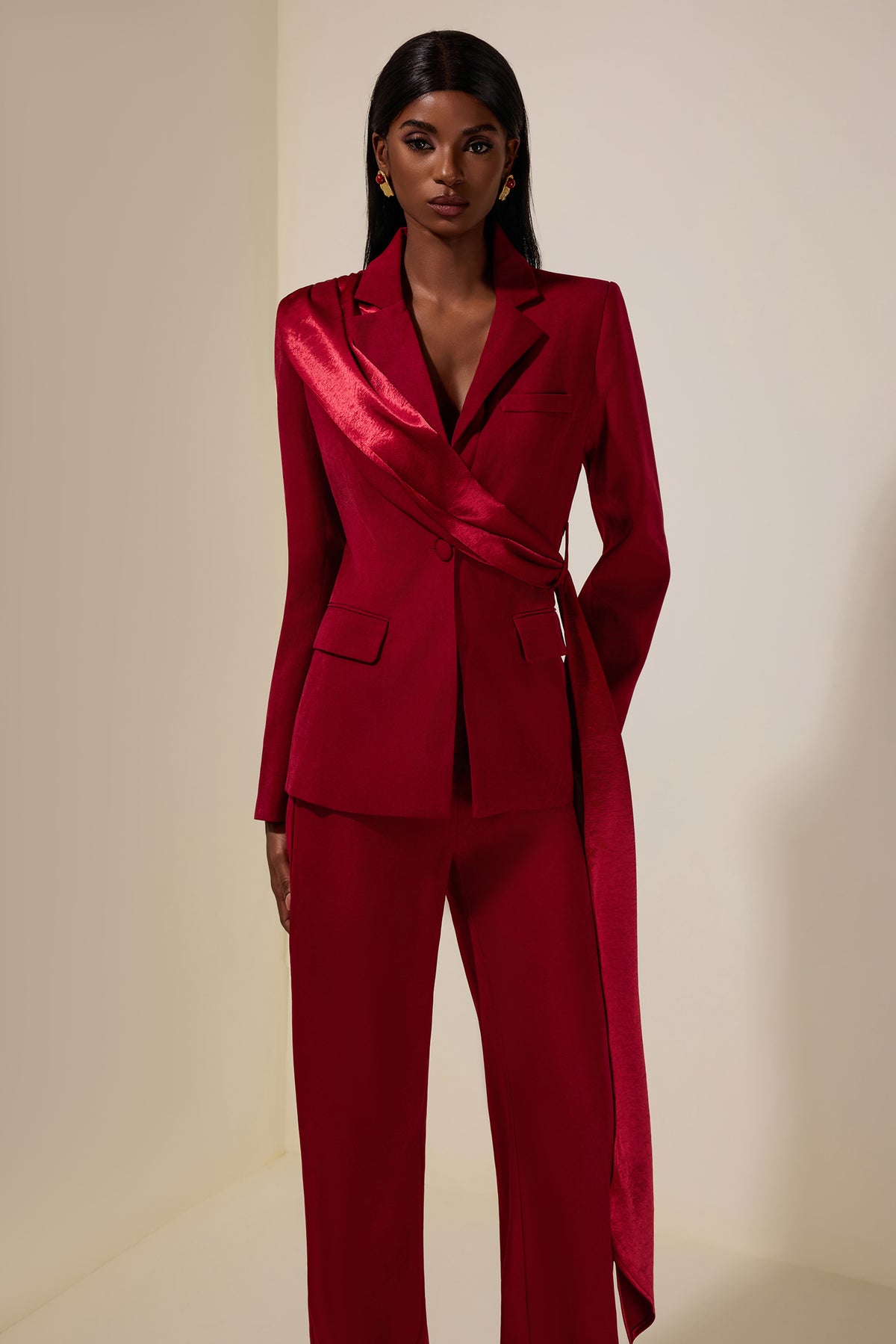 Ribbon Flapped Blazer & High Waist Pants Set