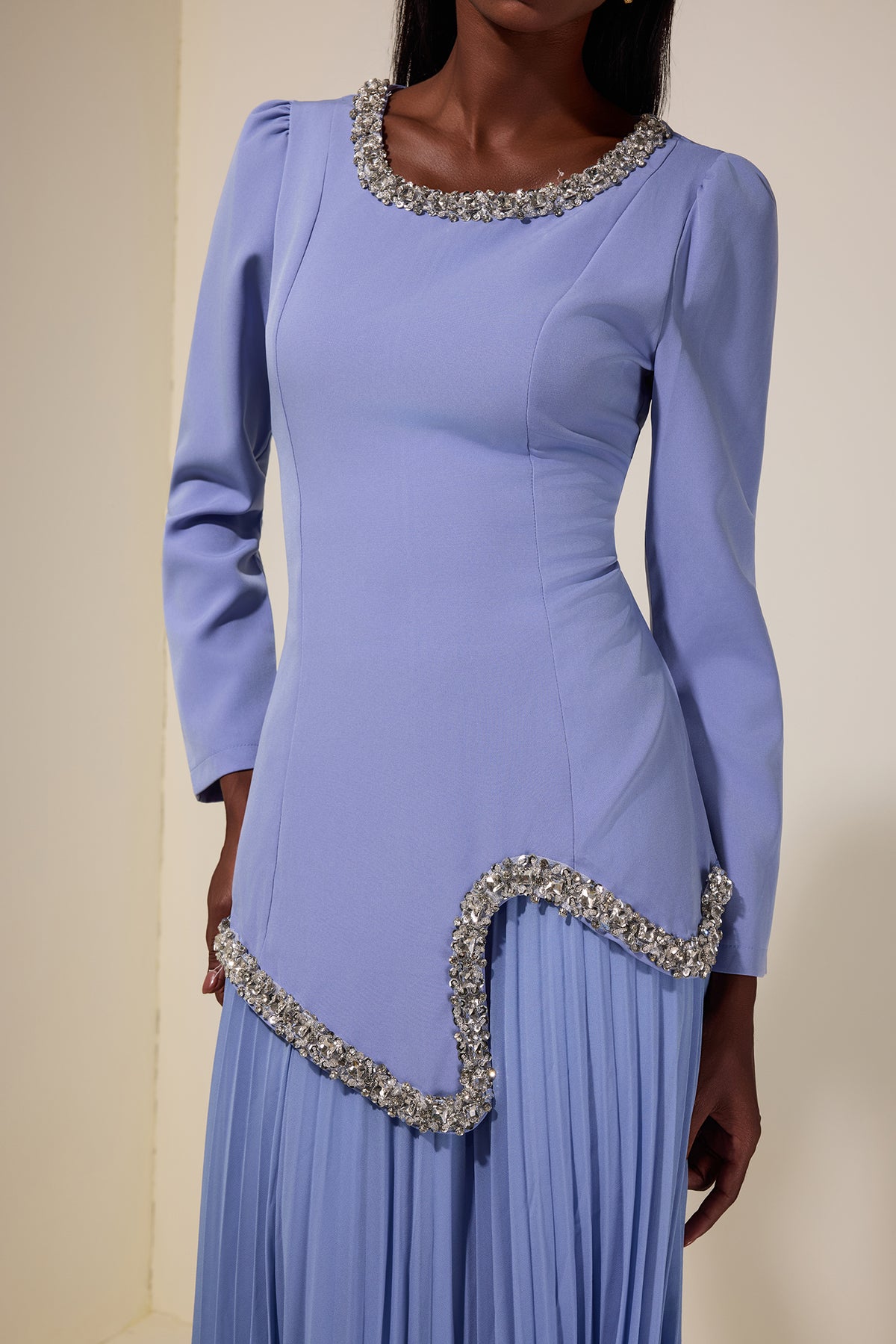 Rhinestone Long Sleeve Top & High Waist Pleated Midi Skirt Set