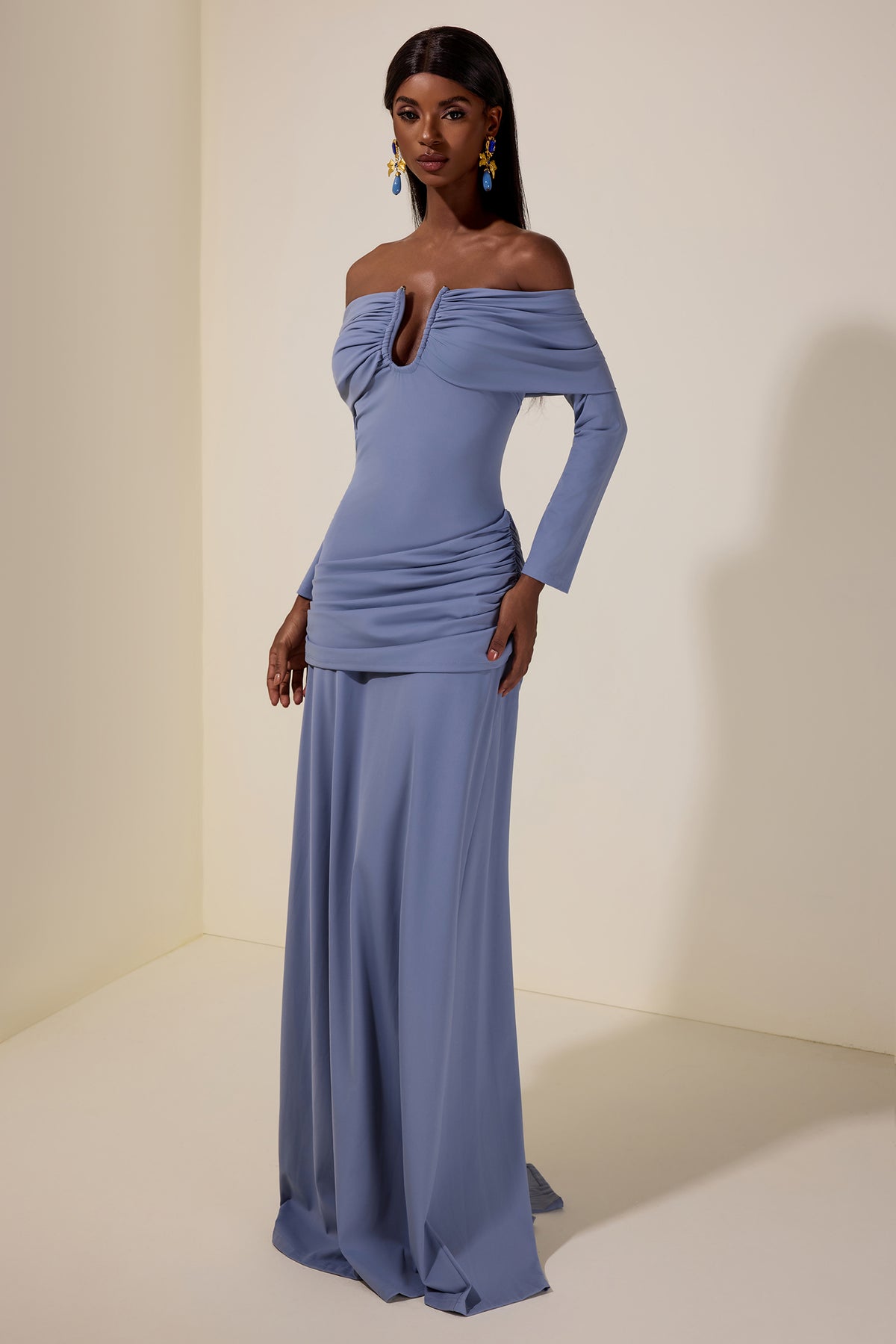 Solid Ruched Off-Shoulder Maxi Dress