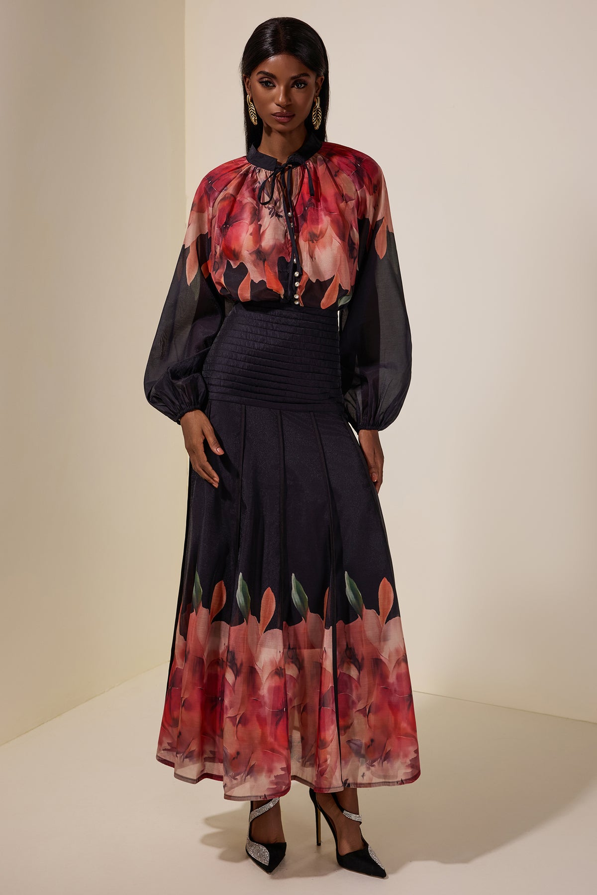 Floral Lace-Up Top & Pleated Midi Skirt Set