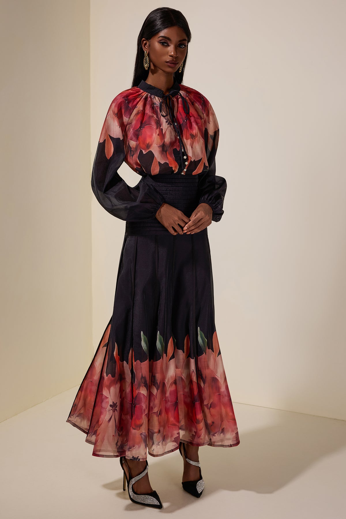 Floral Lace-Up Top & Pleated Midi Skirt Set